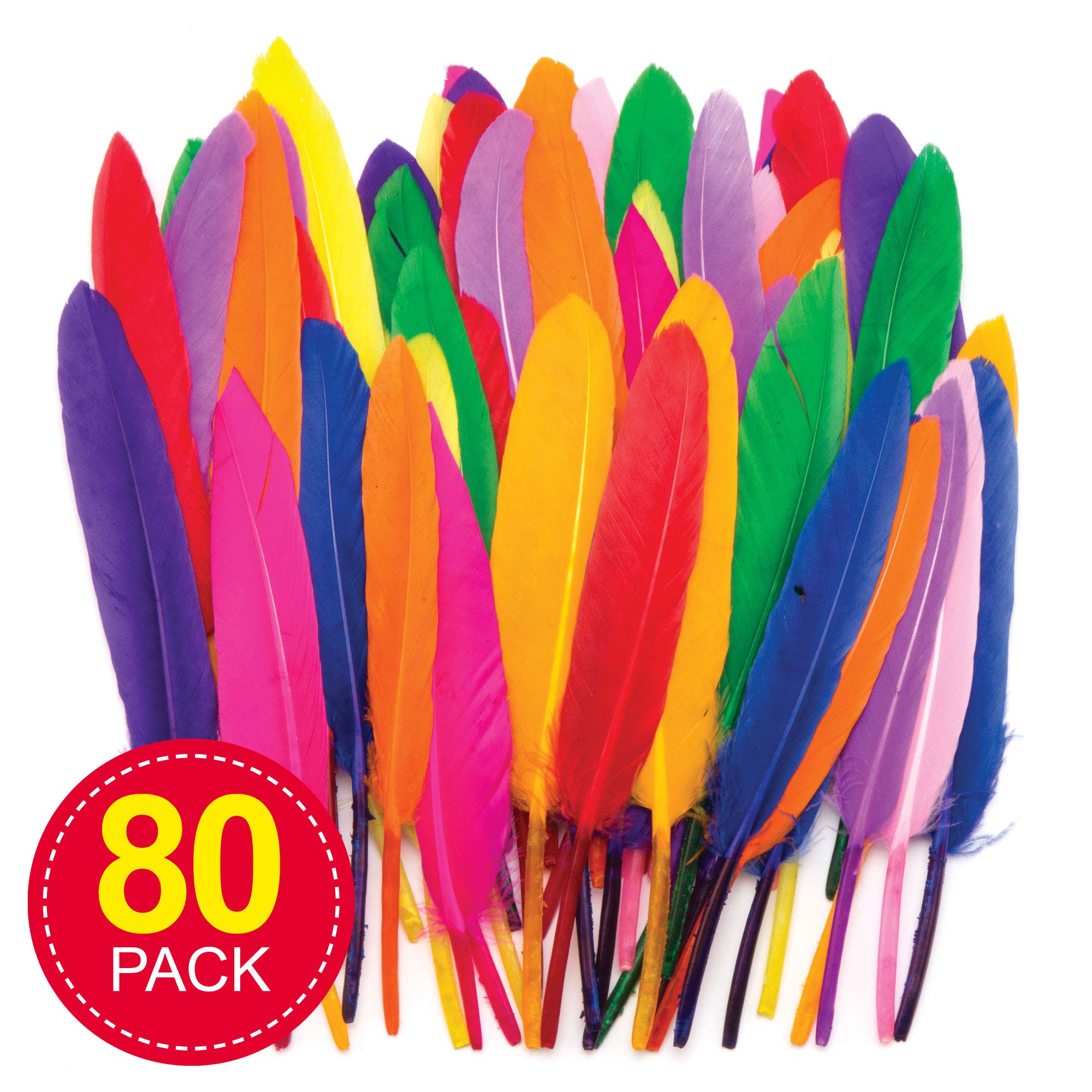 Baker Ross AR245 Mini Quill Feathers Value Pack – 80 Assorted Color Craft Feathers for Kids 5