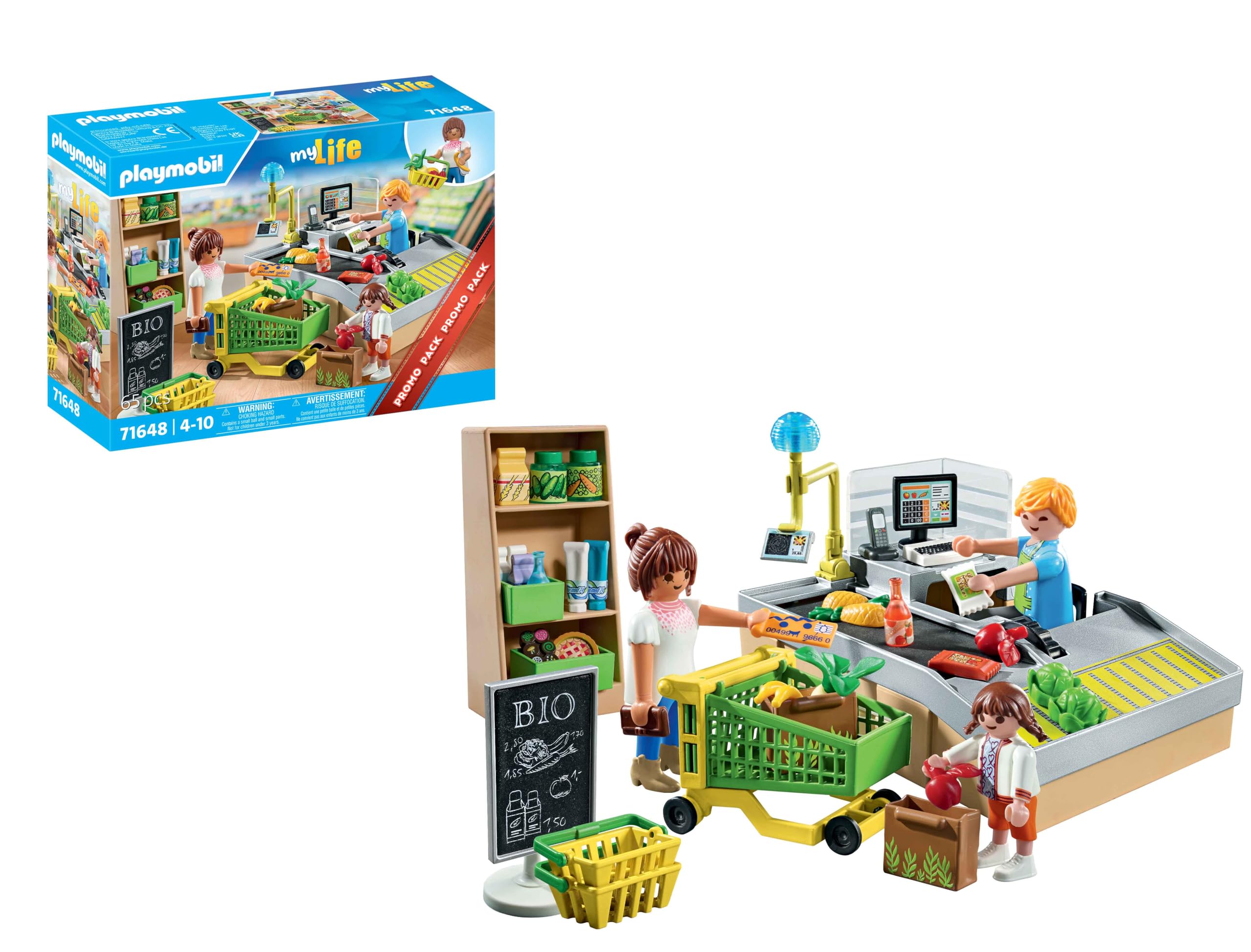 Playmobil 71648 MyLife: Organic Supermarket Promo Pack - Playset with Checkout, Trolley & Figures for Ages 4+