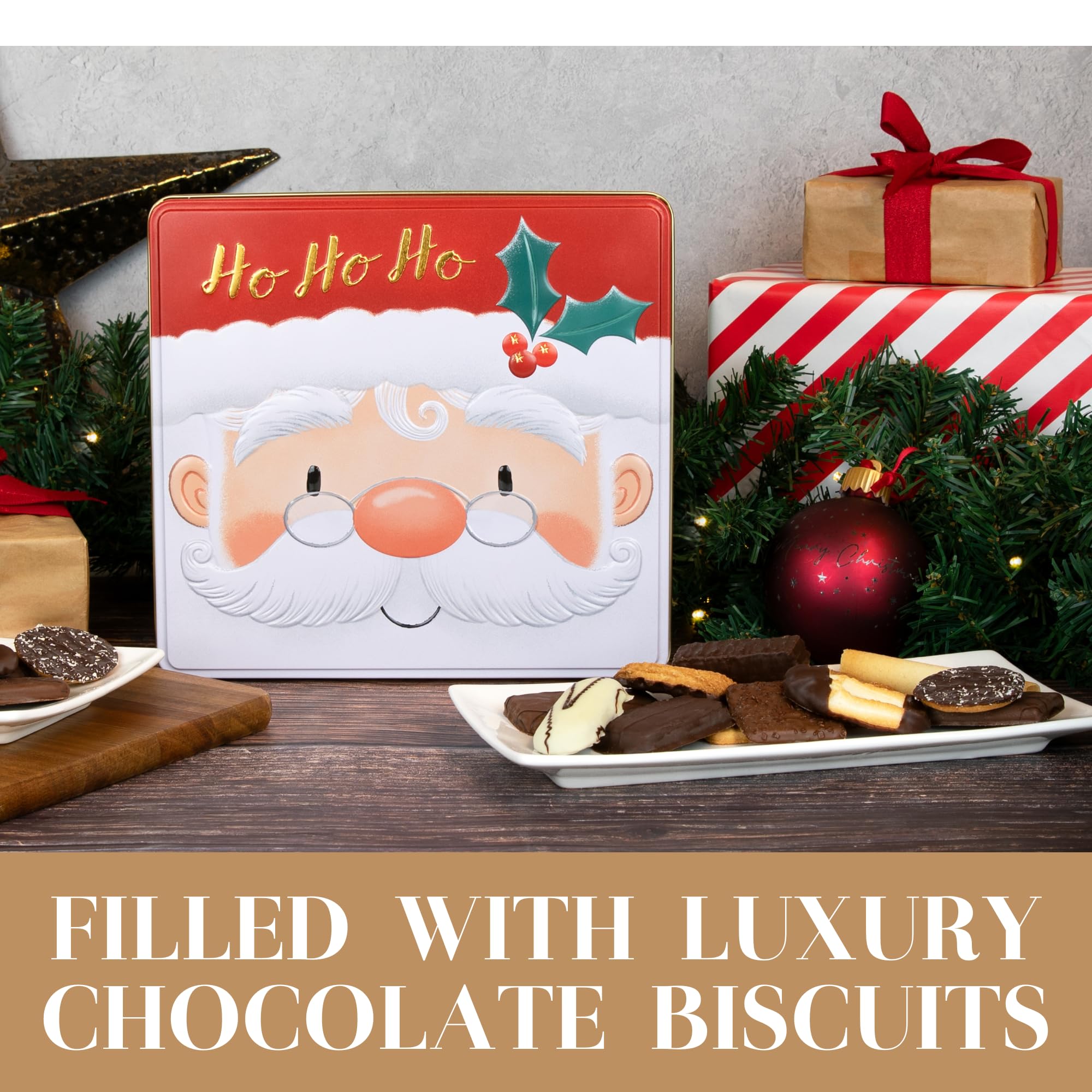 The Silver Crane Co. Santa Belgian Biscuits Square Tin - Christmas Chocolate Biscuit Gift Set 10