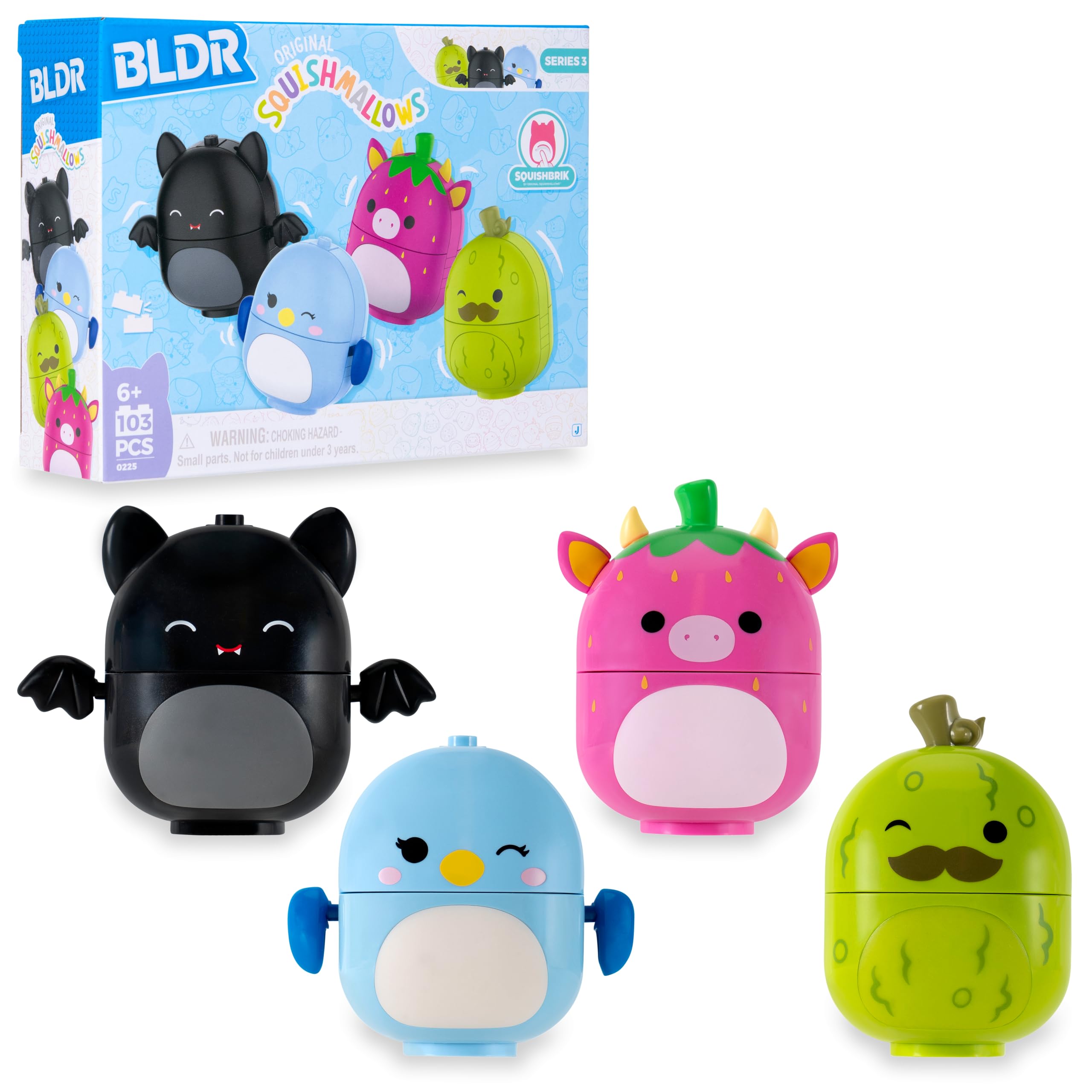 BLDR Squishmallows Buildable Figure 4-Pack - Emily the Bat, Bebe the Bluebird, Cleary the Strawberry Cow, Charles the Pickle