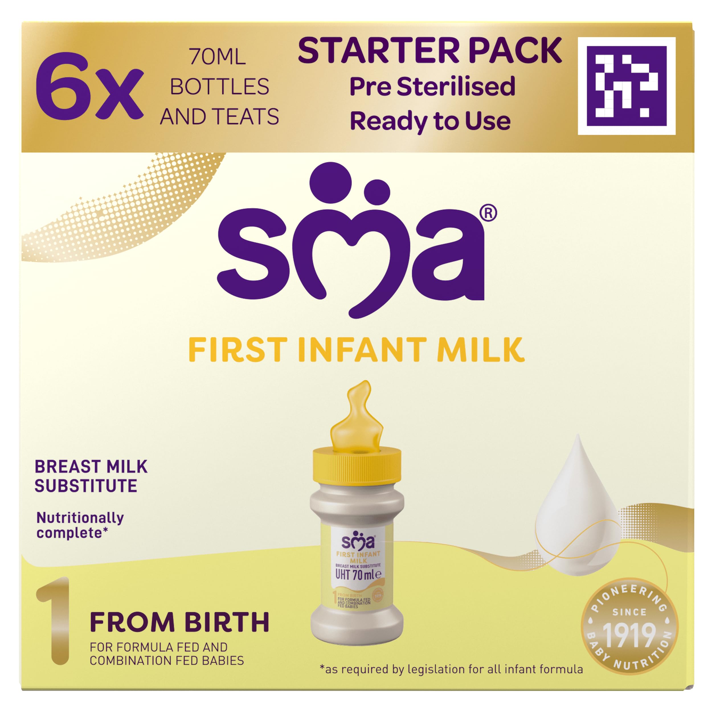 SMA Nutrition PRO First Infant Milk Starter Pack, Ready to Drink, From Birth (6x 70ml Bottles)