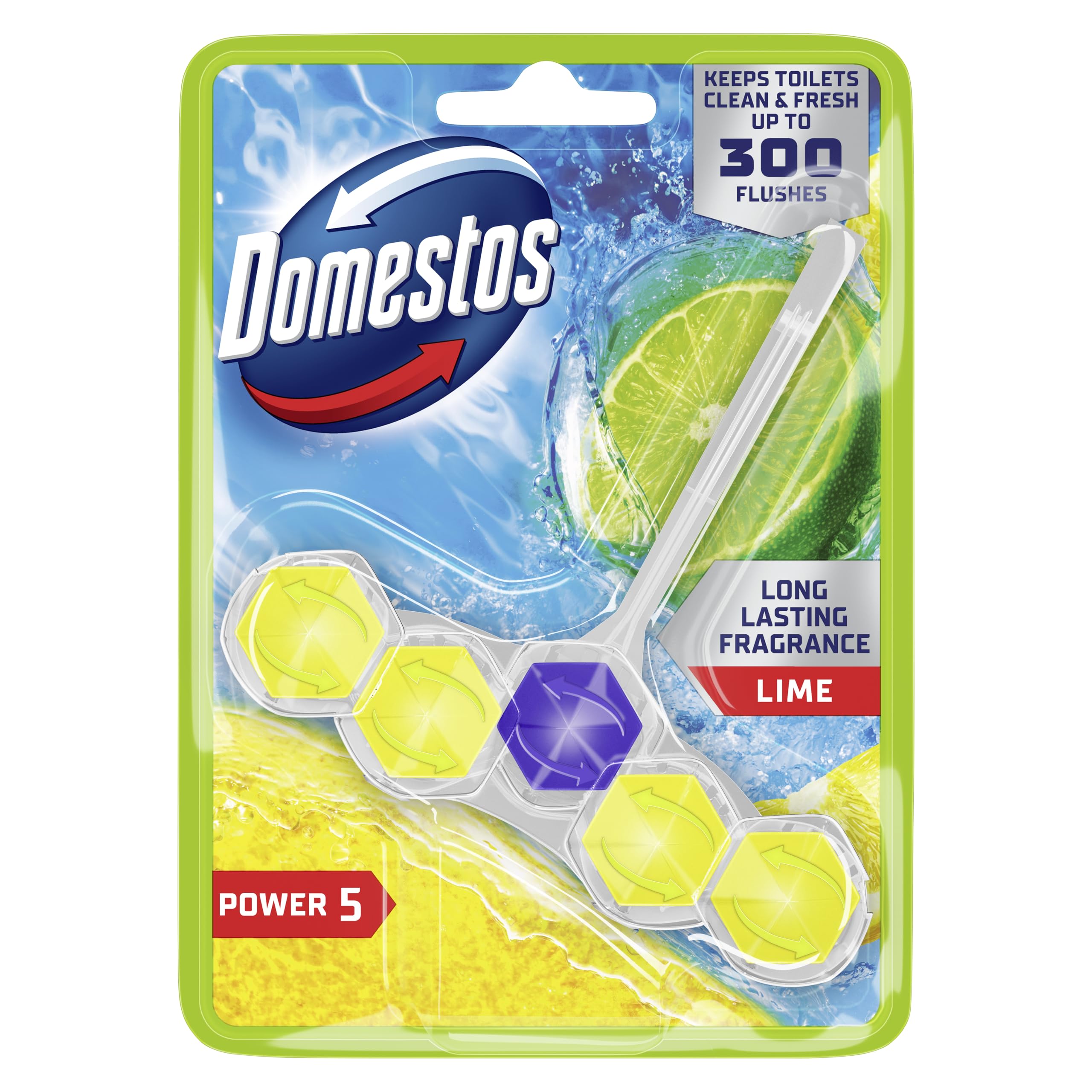Domestos Power 5 Lime Toilet Rim Block - Long-Lasting Toilet Freshener for Up to 300 Flushes