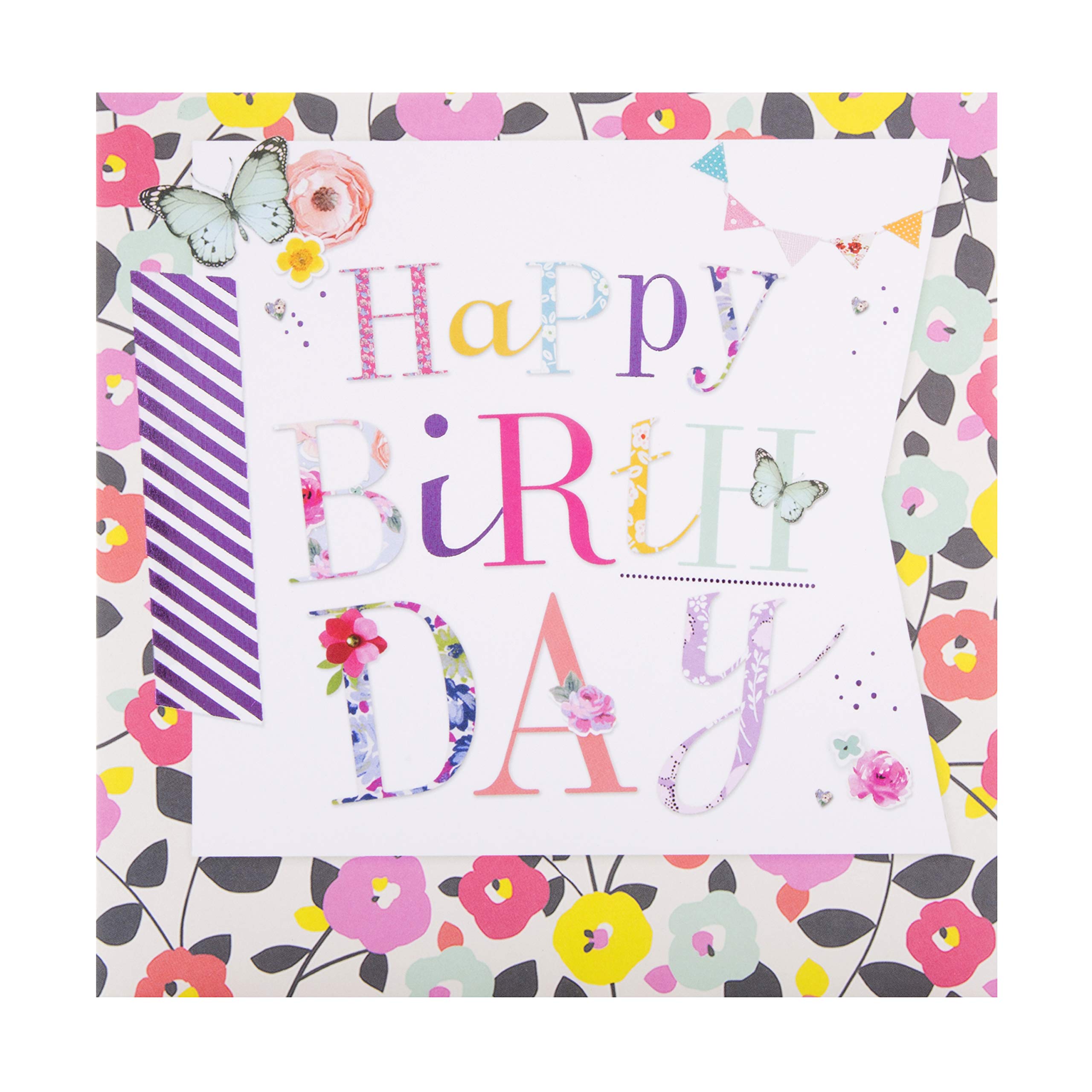 Hallmark Birthday Greeting Card - Butterfly & Floral Design | Embossed & Purple Foil | 16cm Square 1