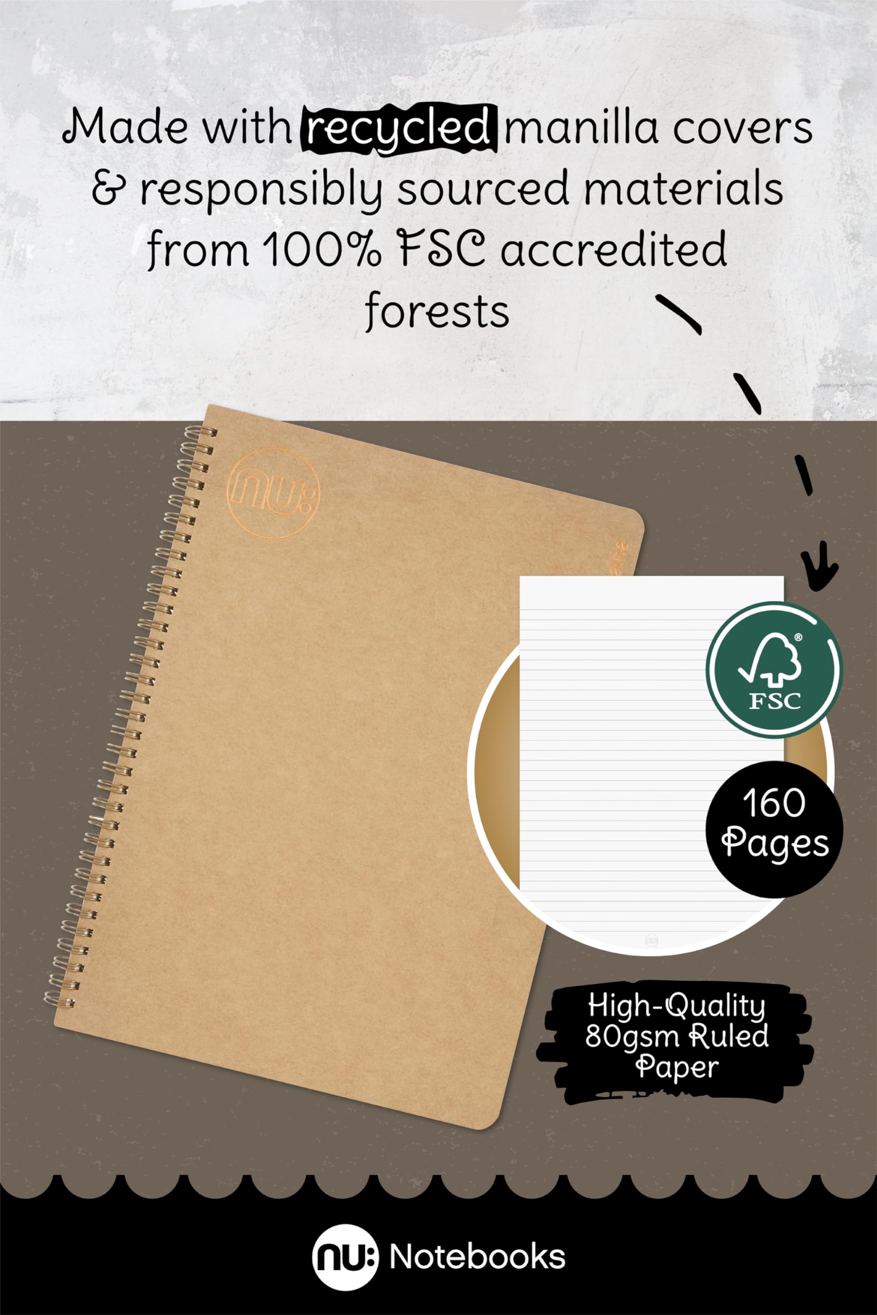 nu: Kraft Range A4 Wirebound Notebook - 160 Pages Ruled Cream Paper | 3 Pack 2
