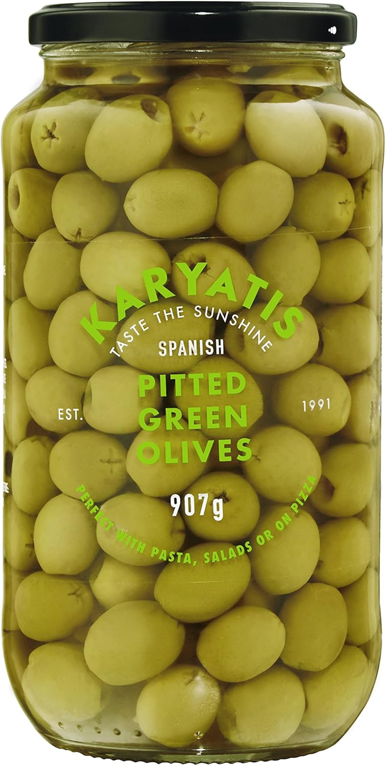 Karyatis Green Pitted Manzanilla Olives in Brine, Glass Jar, 907g