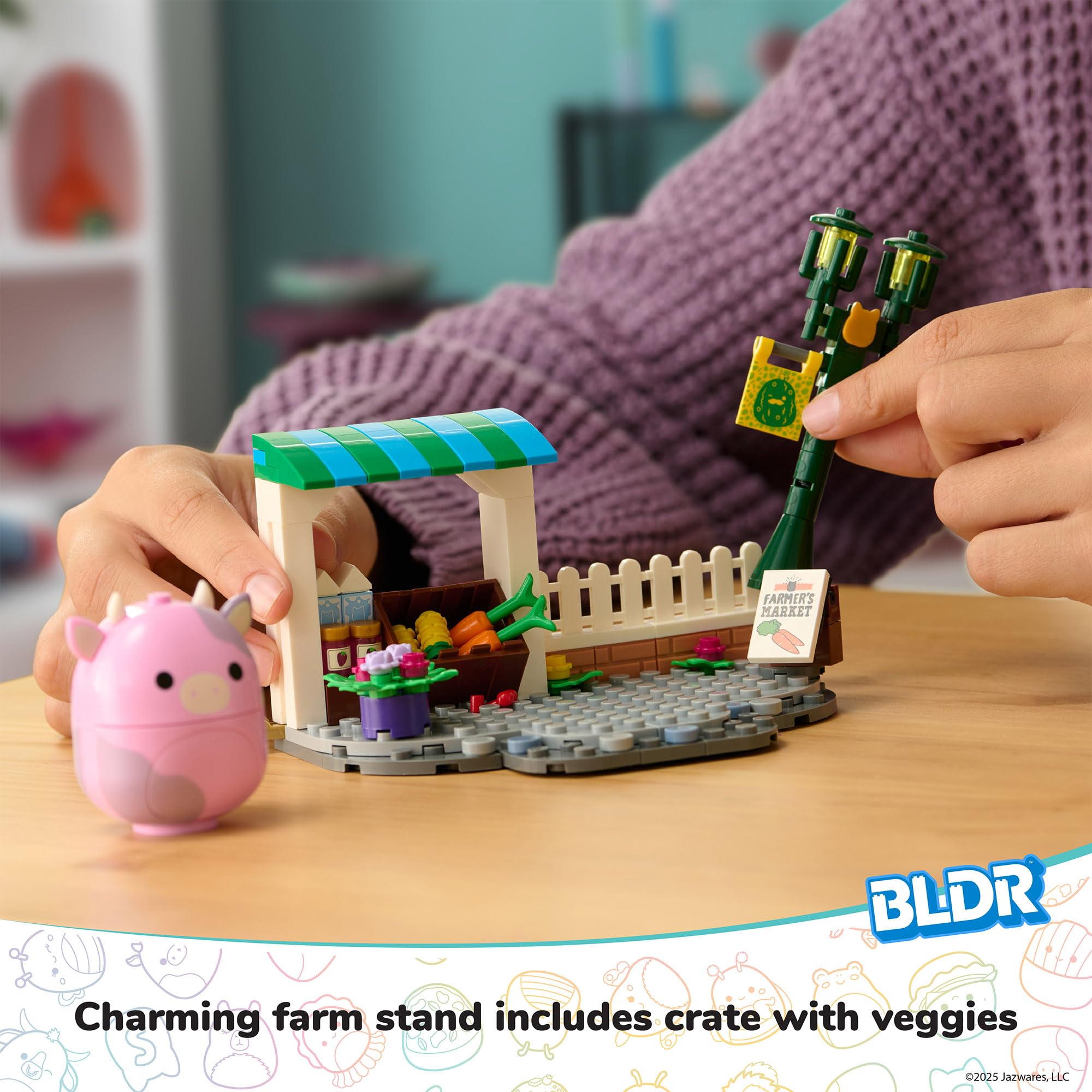 BLDR Squishmallows Patty’s Farmers Market Building Set - 136-Piece Playset with Patty the Pink Cow Figure 8