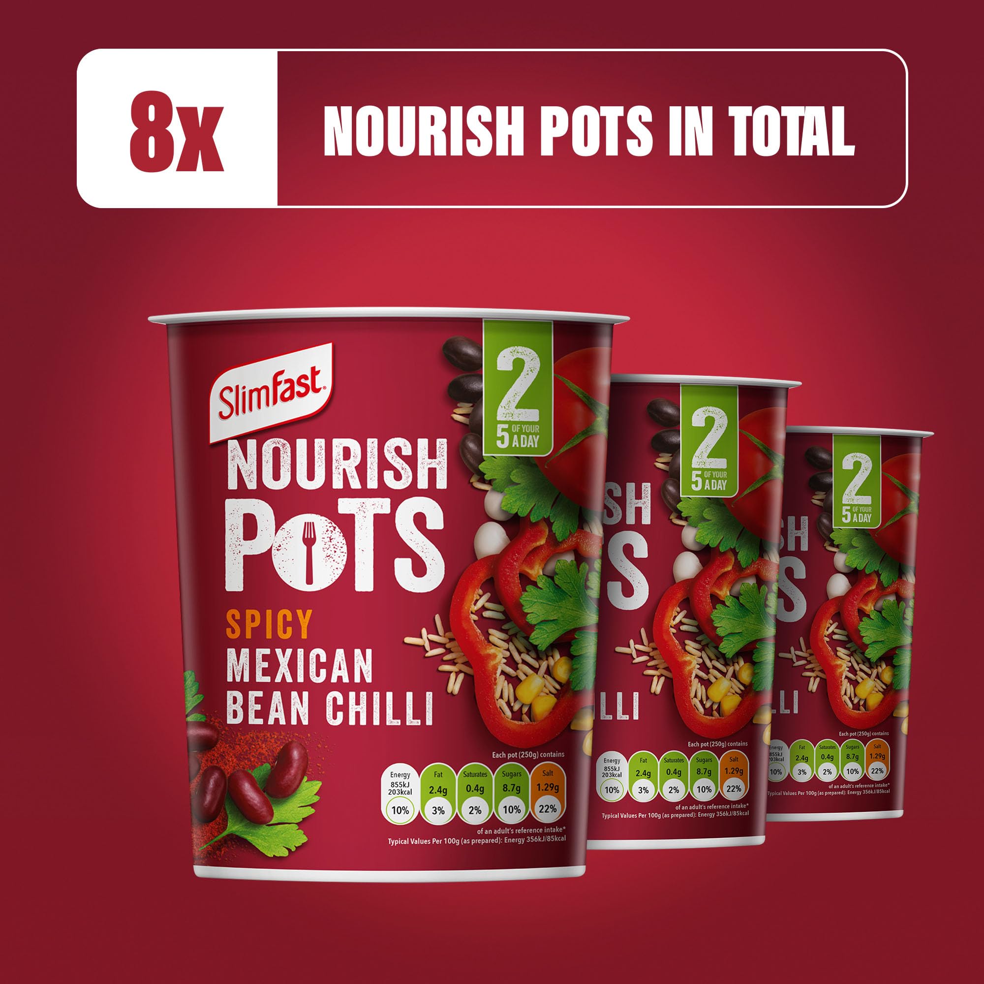 SlimFast Nourish Pot Spicy Mexican Bean Chilli - Ready Meal, Low in Sugar, Vegan, 8 x 60g Pots 6