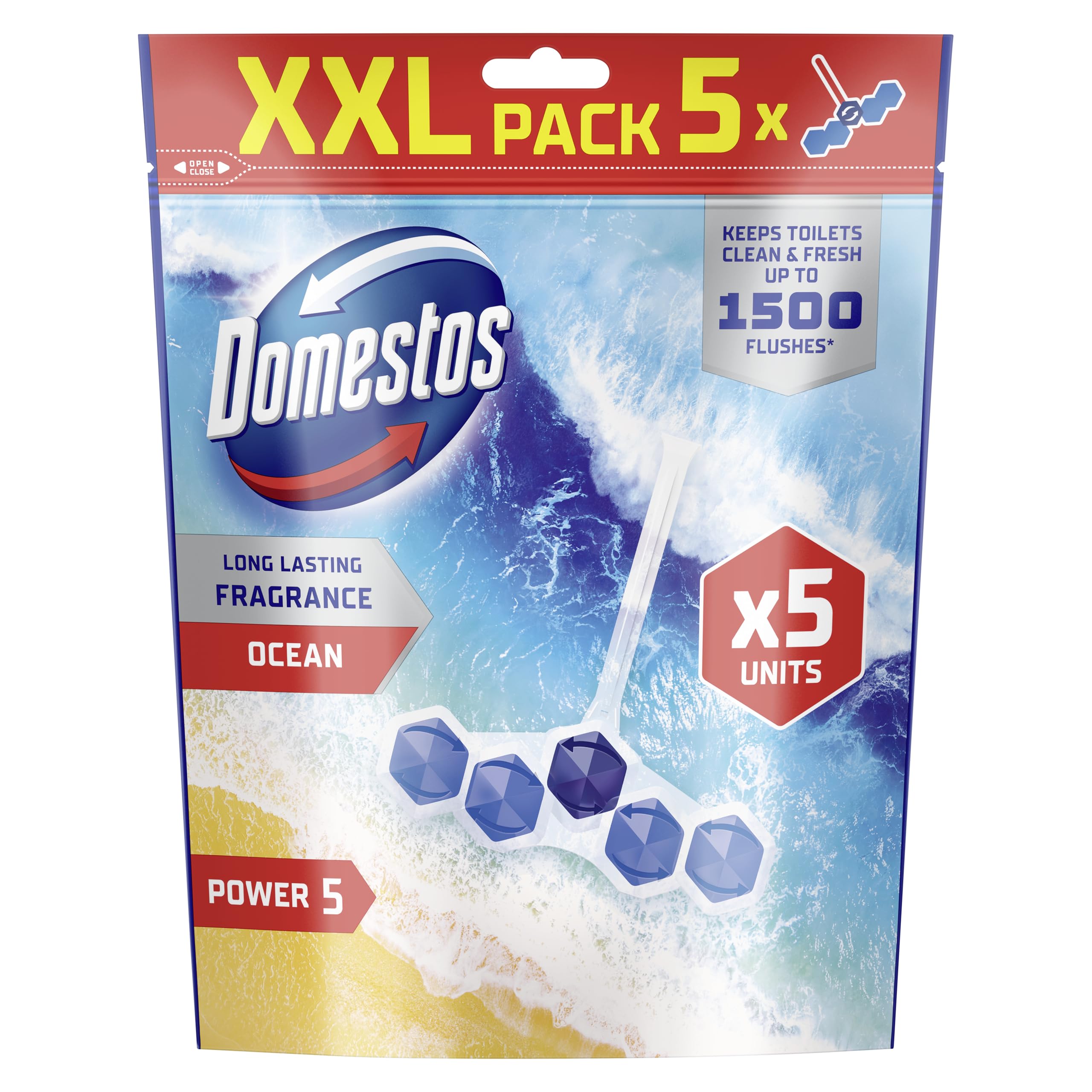 Domestos Power 5 Ocean Toilet Rim Blocks - Long-Lasting Toilet Freshener for Up to 300 Flushes