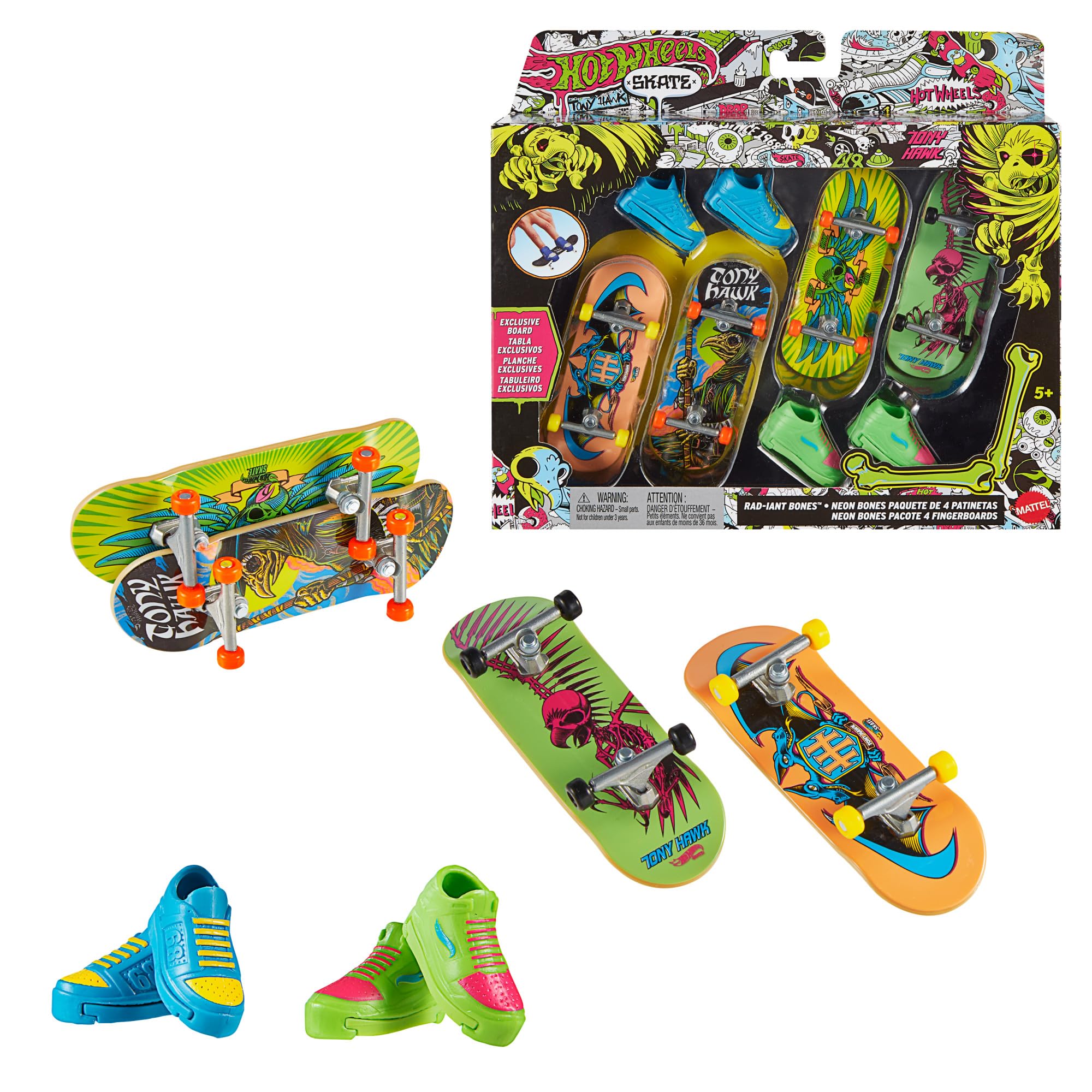 Hot Wheels Skate Neon Bones Tony Hawk-Themed Fingerboard Set of 4