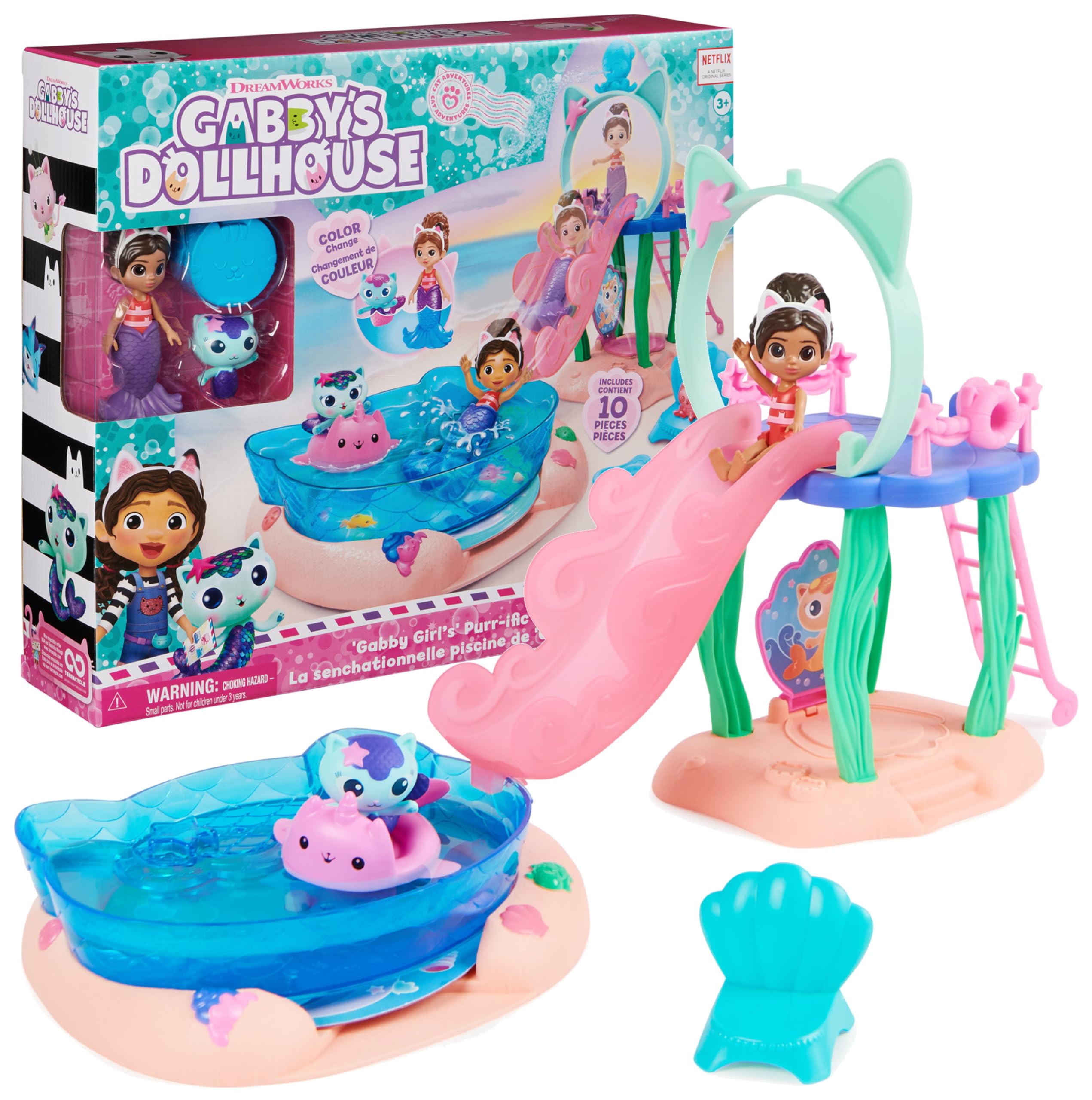 Gabby’s Dollhouse, Purr-ific Pool Playset with Gabby and MerCat Figures, Colour-Changing Mermaid Tails and Pool Accessories Kids’ Toys for Ages 3 and Up