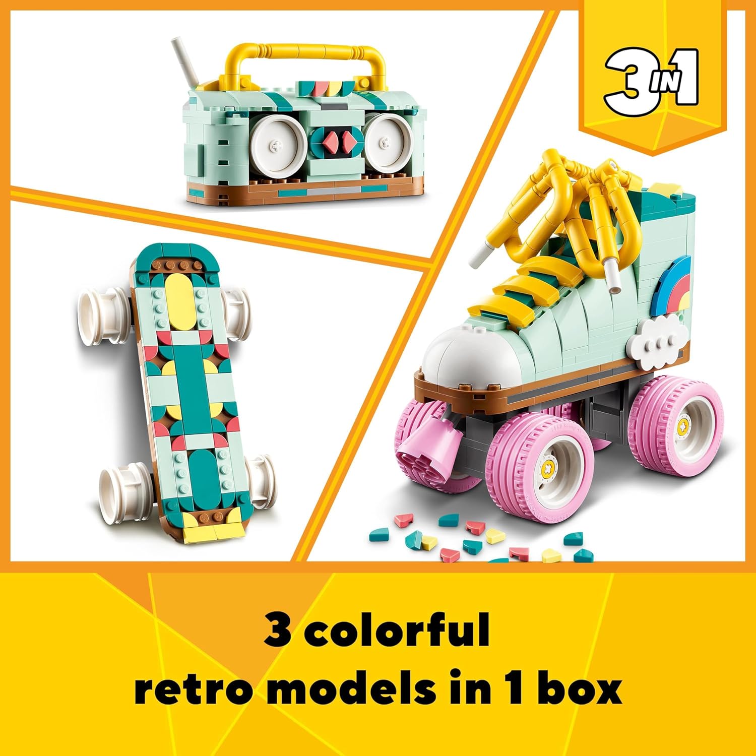LEGO Creator 3in1 Retro Roller Skate to Mini Skateboard to Boom Box Radio Building Set for Kids 8+ 7