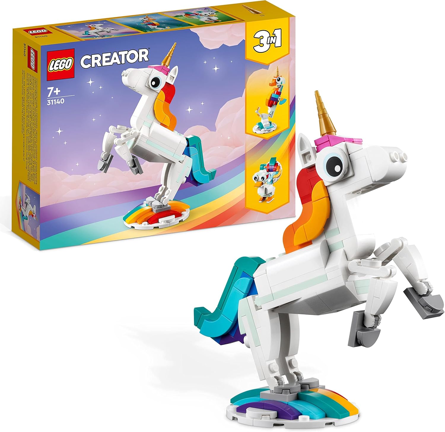 LEGO Creator unicorn set with packaging on a white background