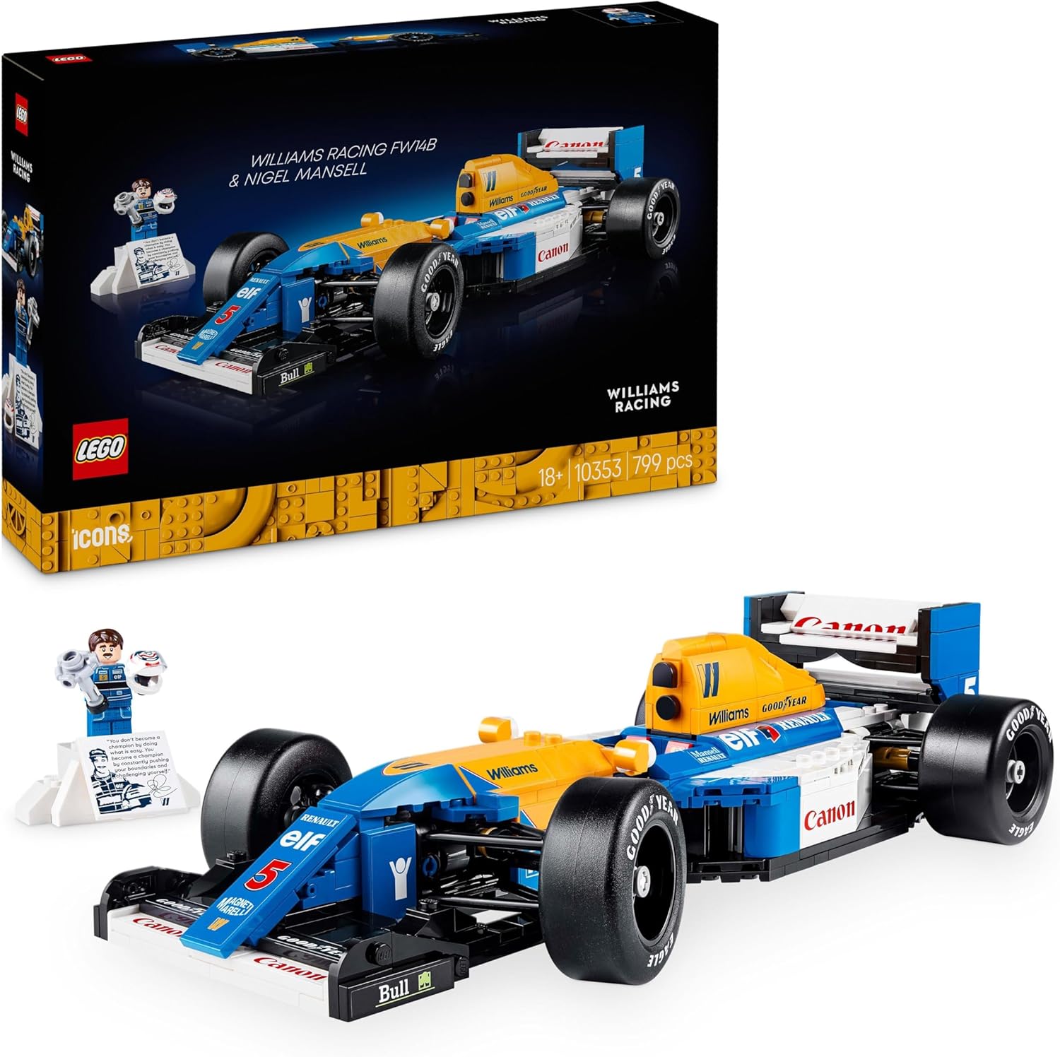 LEGO Icons Williams Racing FW14B & Nigel Mansell F1 Car Model Set - 799-Piece Building Kit for Adults