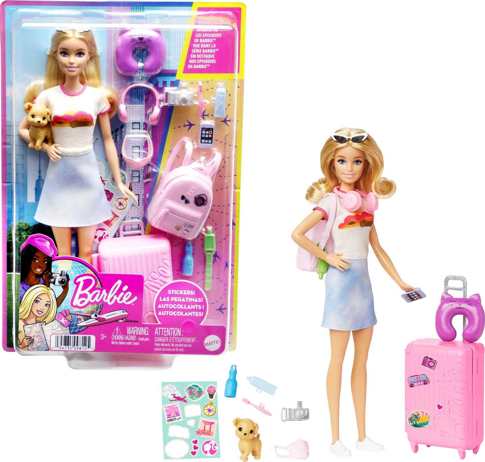 Barbie Travel Doll Set with Puppy and 10+ Accessories, Blonde Hair, Model HJY18