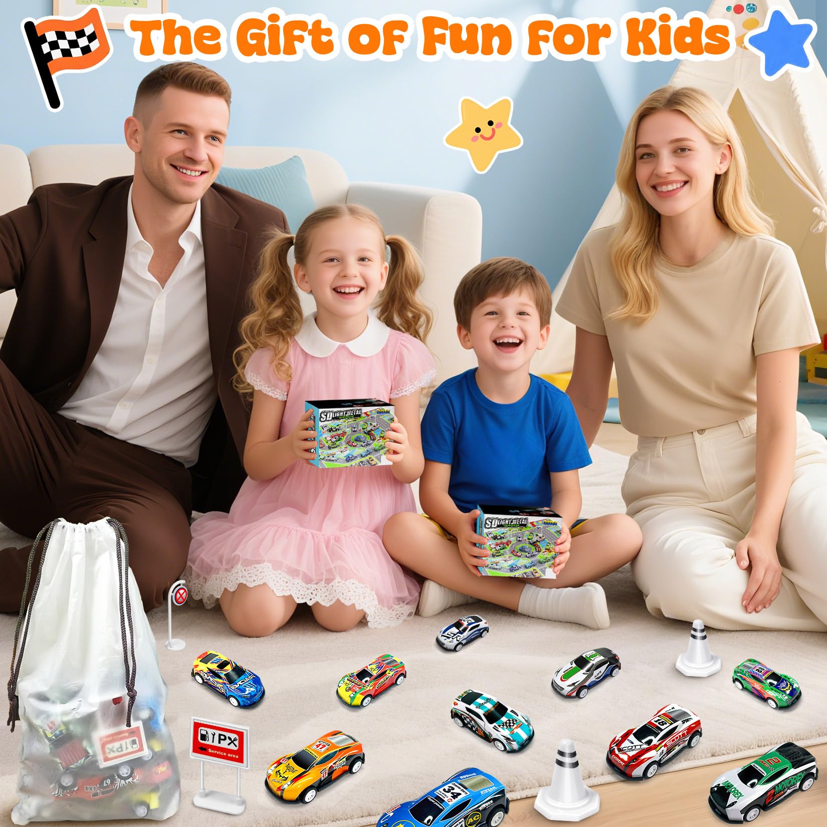 TOYABI Toy Cars - 10Pcs Pull Back Racing Set with Launcher, Mat & Obstacles for Kids 7