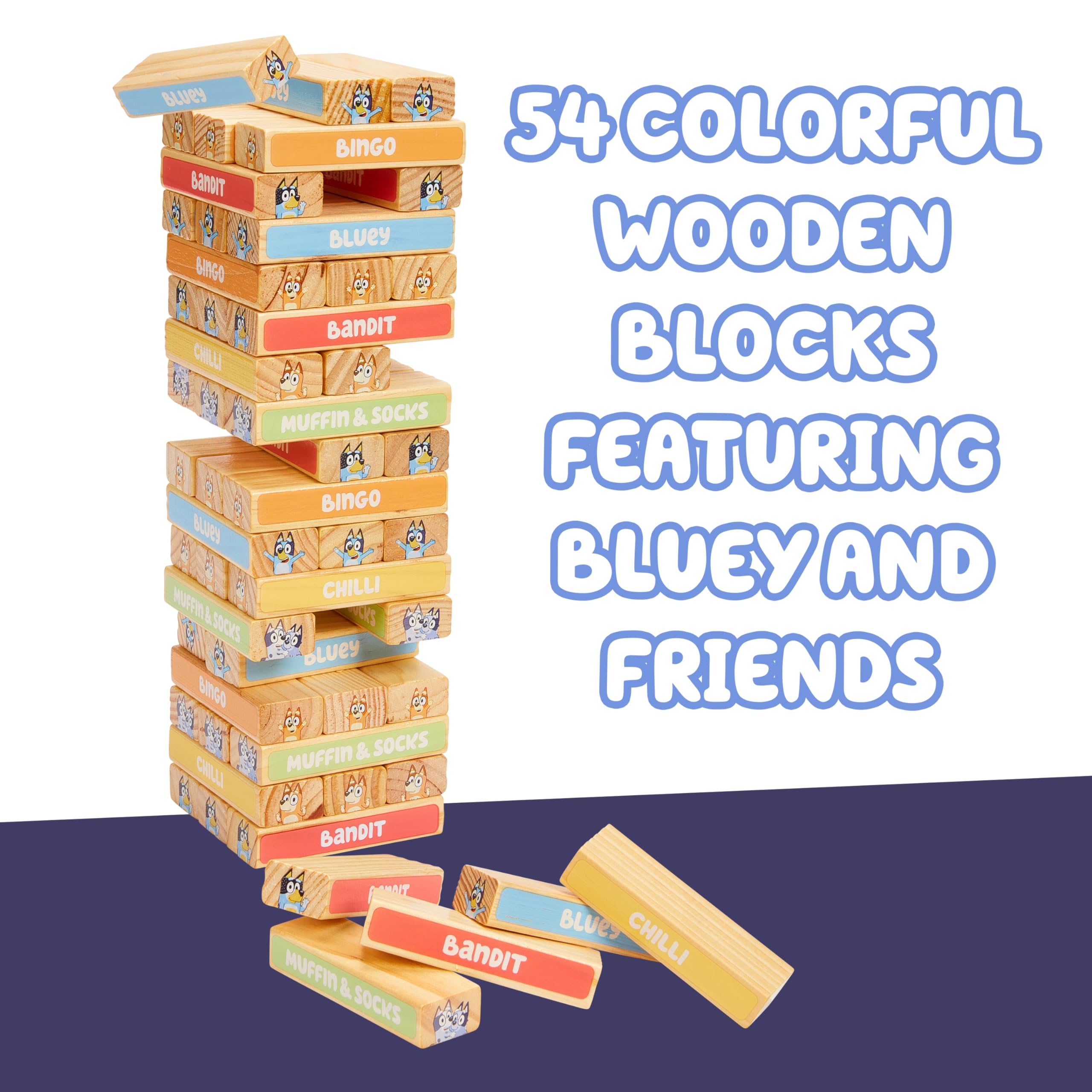 Bluey Tumbling Tower Game - 54 FSC-Certified Wooden Blocks for Stacking Fun 11