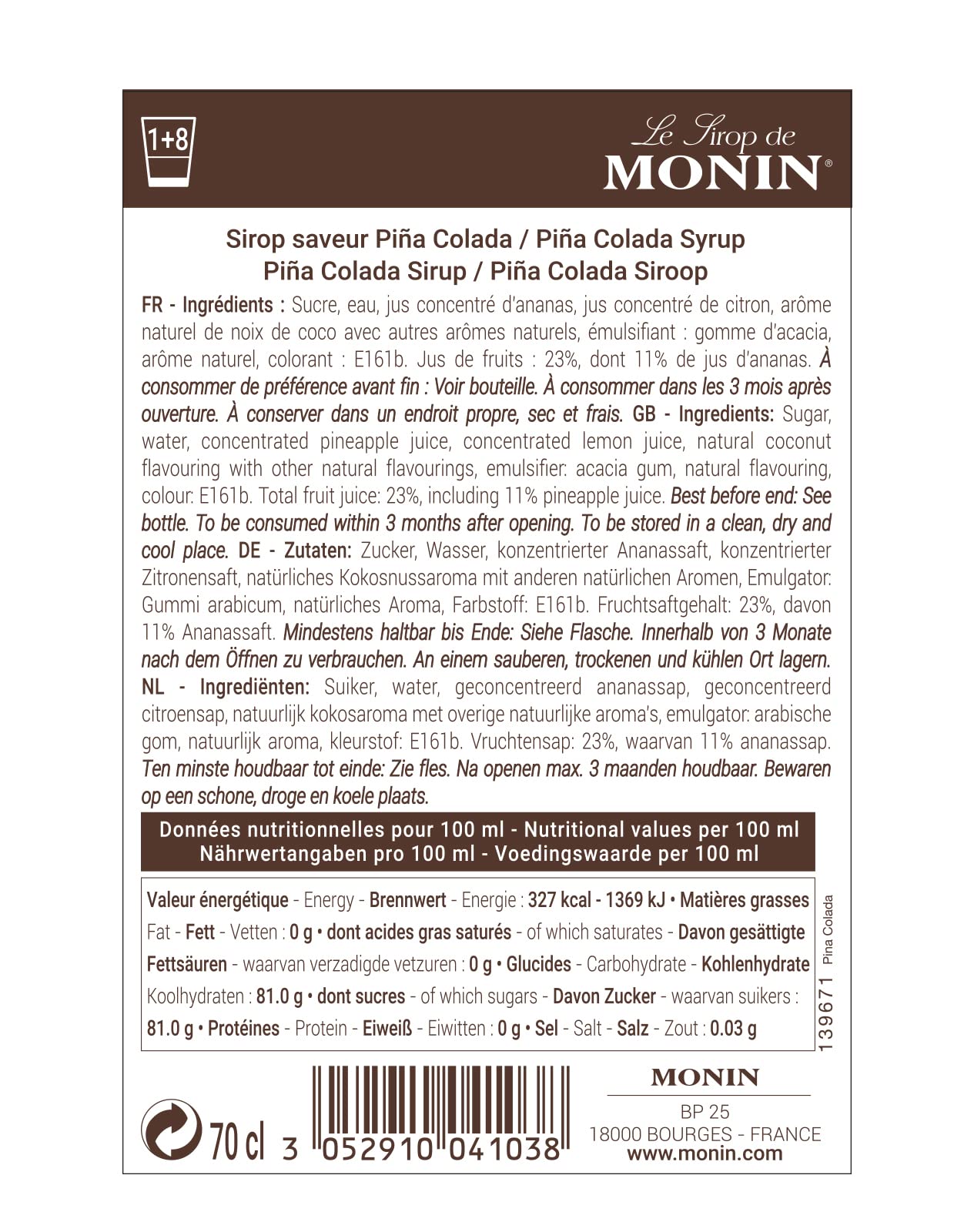 Monin Pina Colada Syrup 700ml Glass Bottle 6