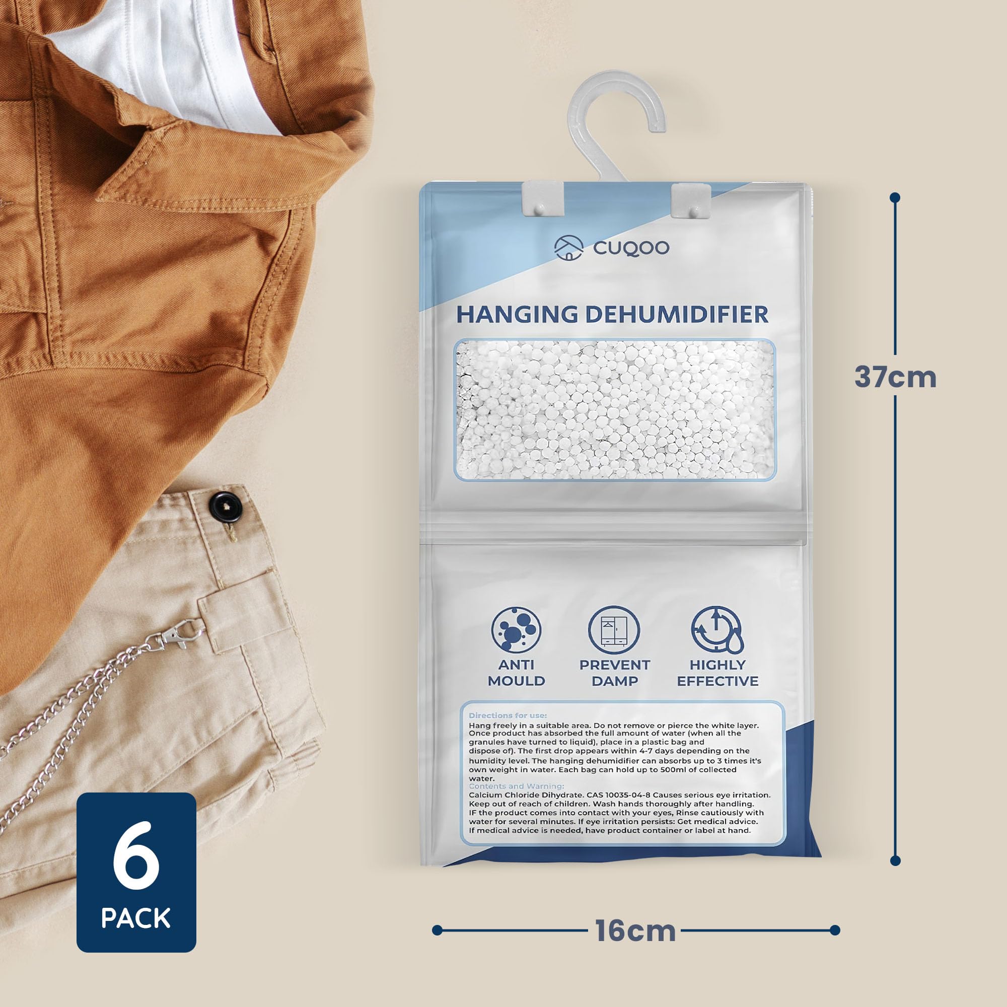 CUQOO - Hanging Wardrobe Dehumidifier Bags Disposable Moisture Absorber 6 Pack 8