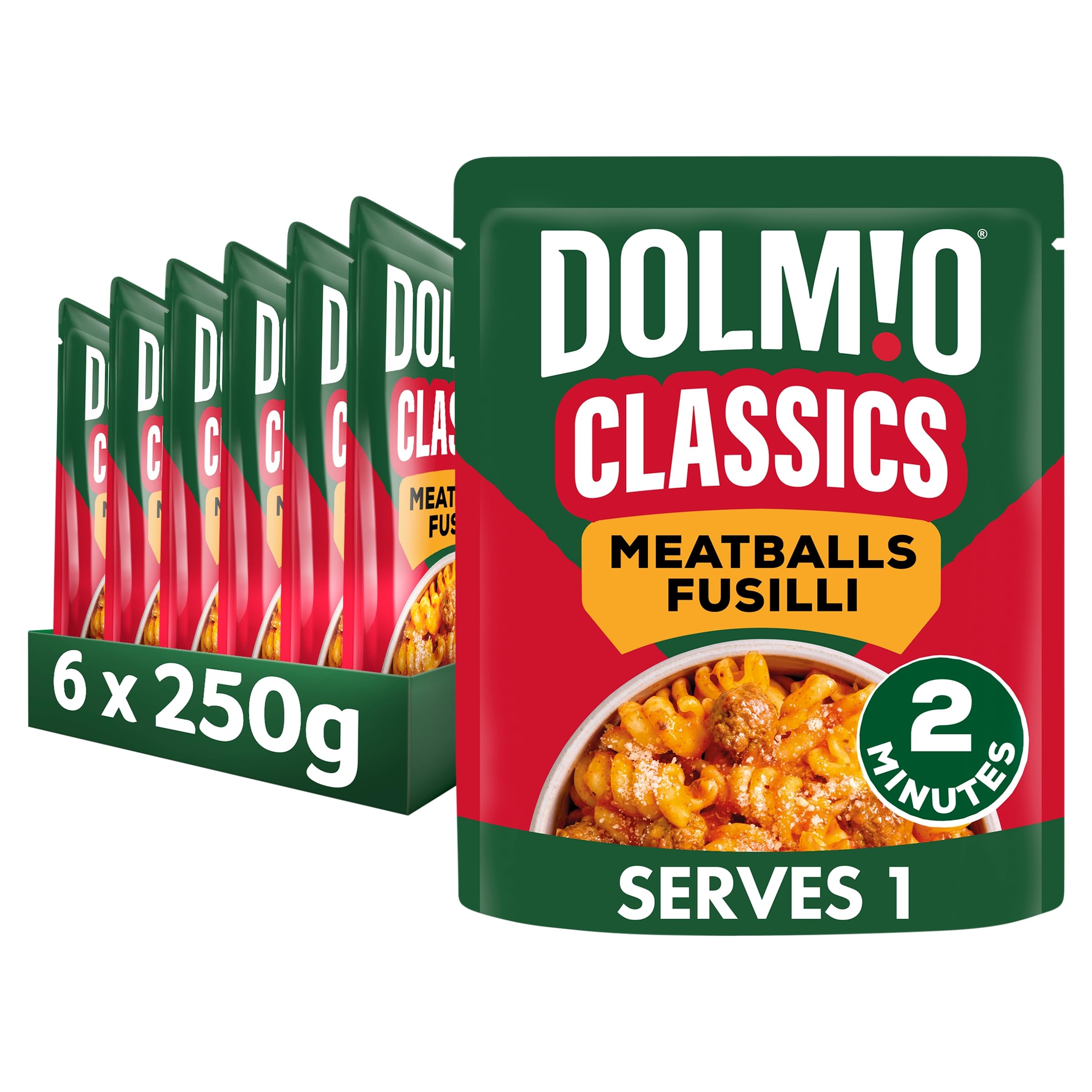 Dolmio Classics Meatballs Fusilli Ready Meal - 6x 250g Microwave Pasta with Tender Meatballs & Tomato Sauce