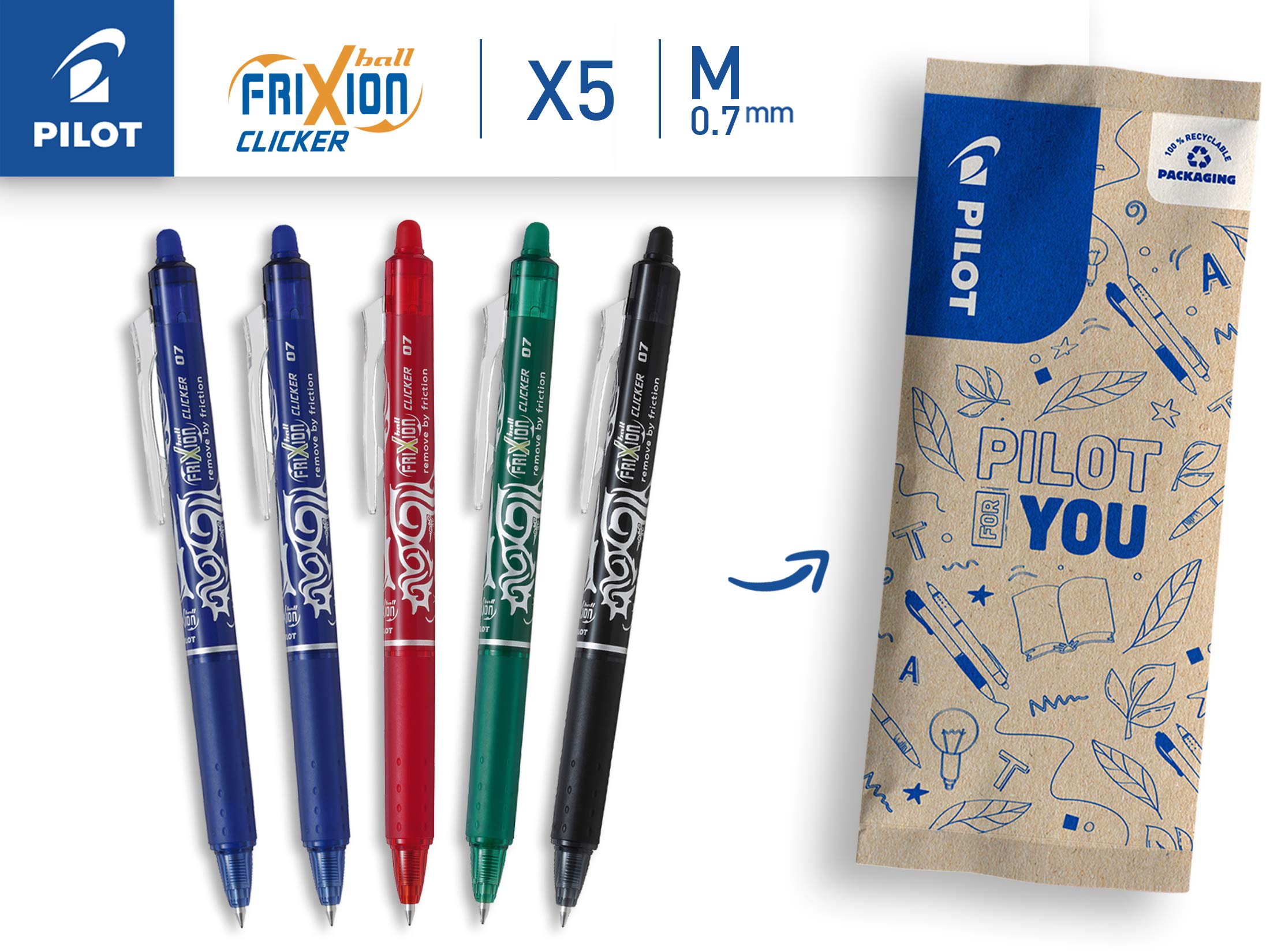 PILOT FriXion Ball Clicker Erasable Rollerball Pen - Medium 0.7mm Tip - 5 Pack 2