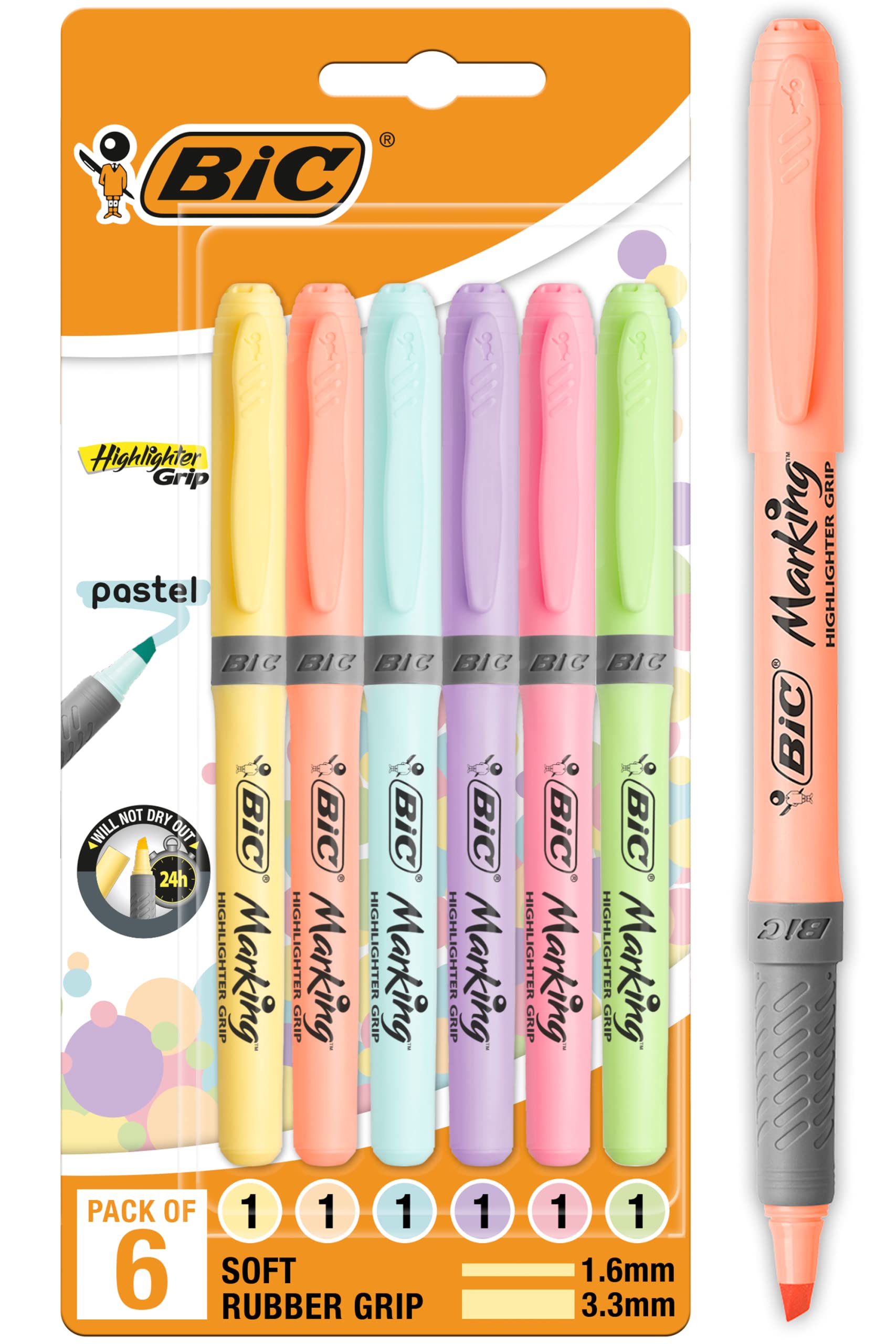 BIC Highlighter Grip Pastel Marker Pens - Adjustable Chisel Tip, Water-Based Ink | Pack of 6