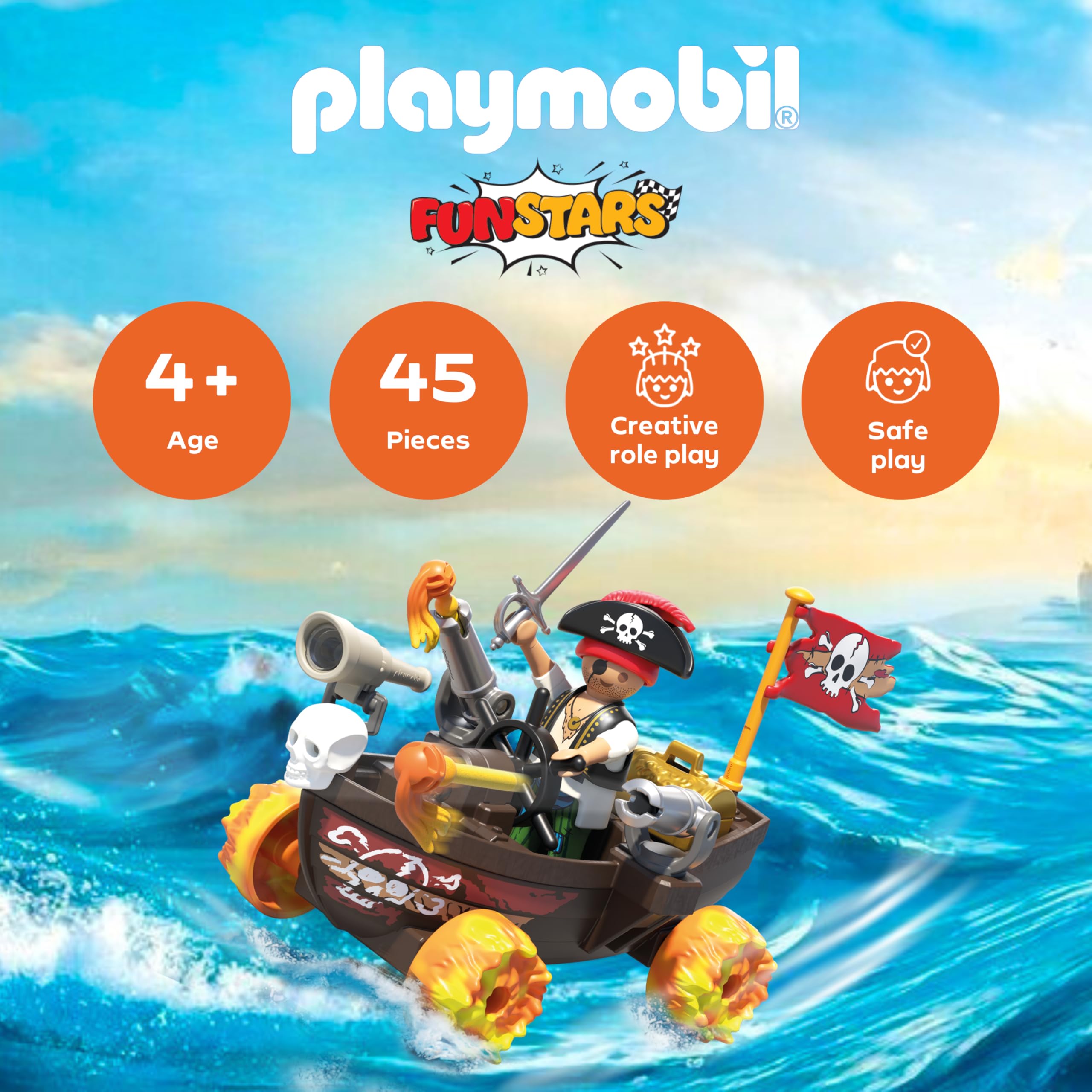 Playmobil Fun Stars Racing Pirate Boat with Pull-Back Motor & Shooting Function | Age 4+ | Model 71720
