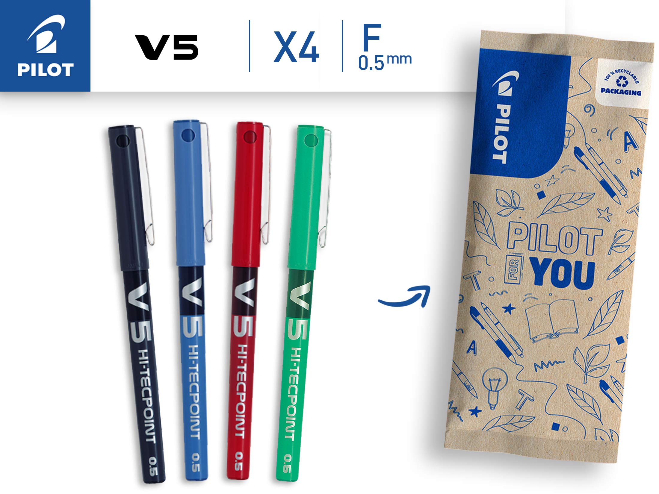 PILOT V5 Liquid Ink Rollerball Pen Set - 0.5mm Fine Tip | Black, Blue, Red, Green | Pack of 4
