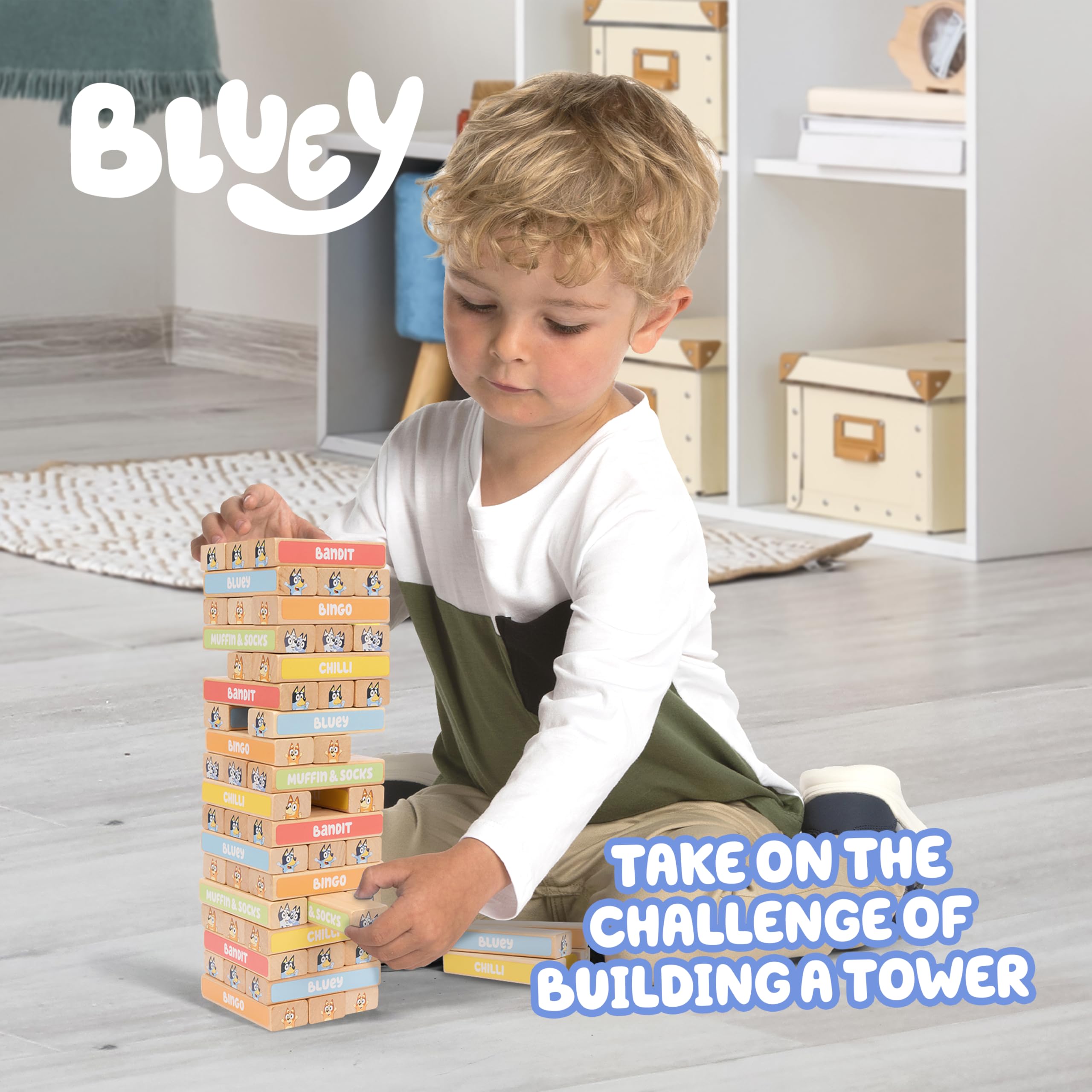 Bluey Tumbling Tower Game - 54 FSC-Certified Wooden Blocks for Stacking Fun 7