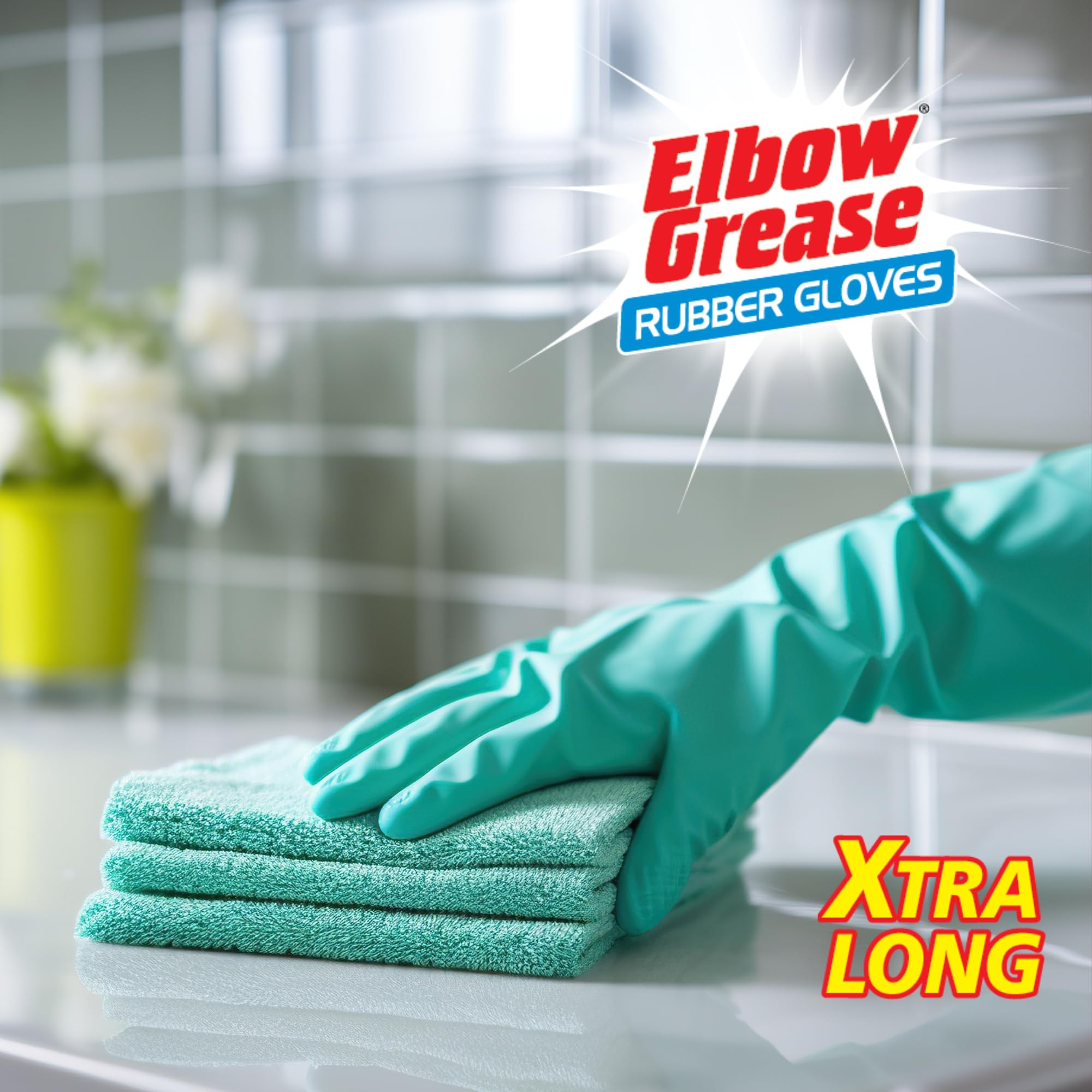 Elbow Grease Rubber Cleaning Gloves - Cotton Lined, Elbow Length, Antibacterial | Size L