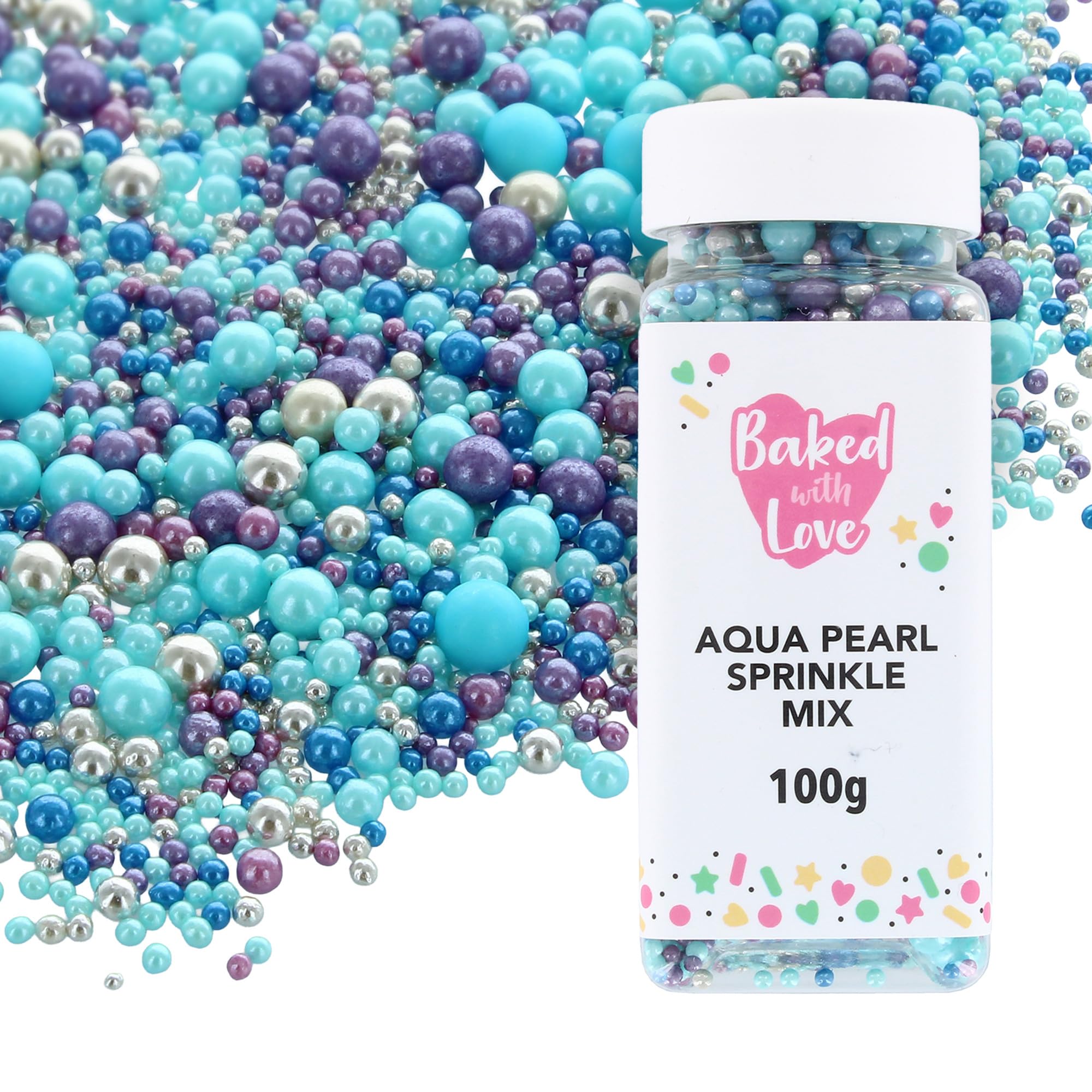 Baked with Love - Aqua Pearl Sprinkles Blue, Purple, Silver Sugar Cake Decorations 100g