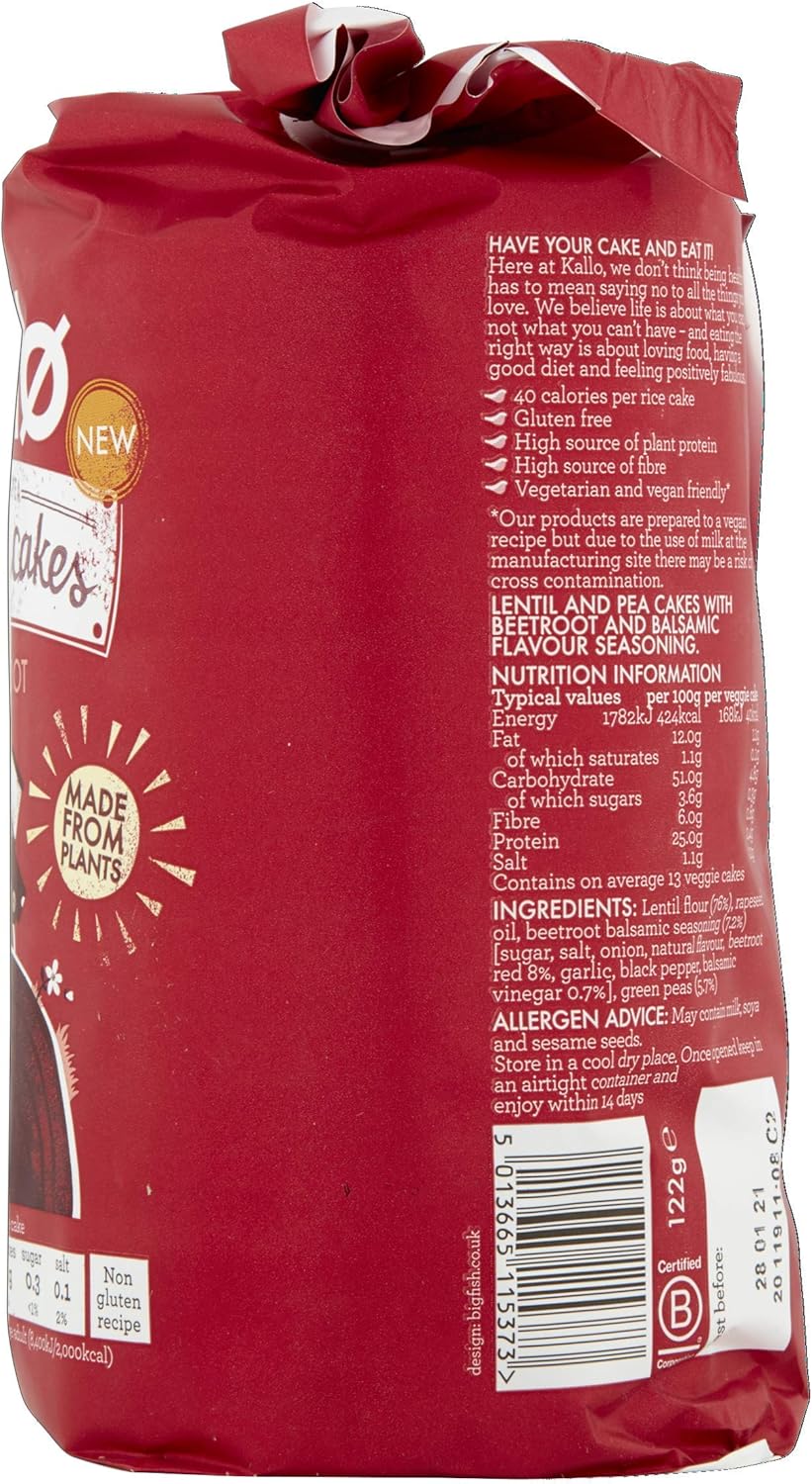 Kallo Beetroot & Balsamic Veggie Cakes, Lentil & Pea Puffed Crackers – 122g 5