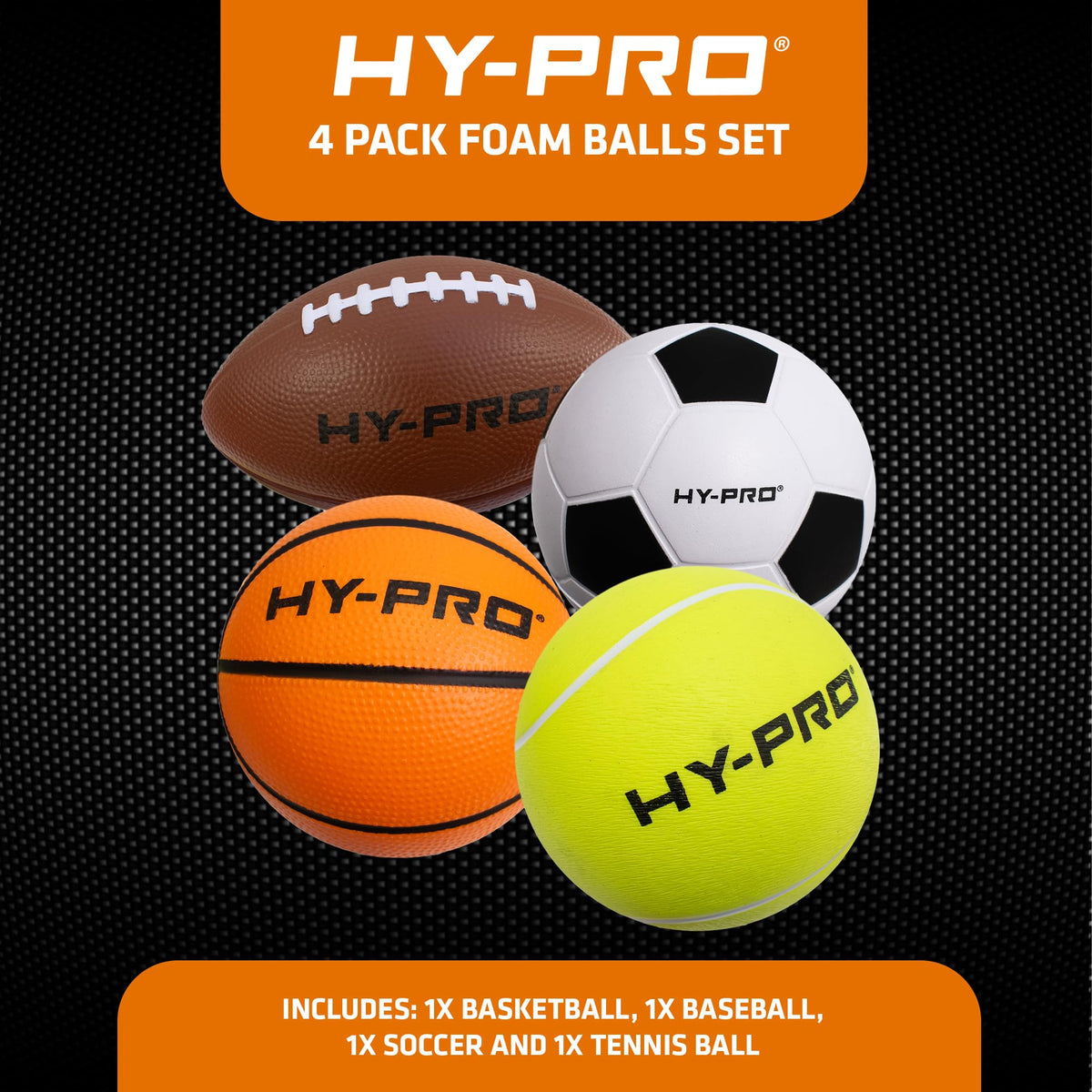 Hy-Pro Foam Ball Set - 4 Balls, Football, American Football, Basketball & Tennis