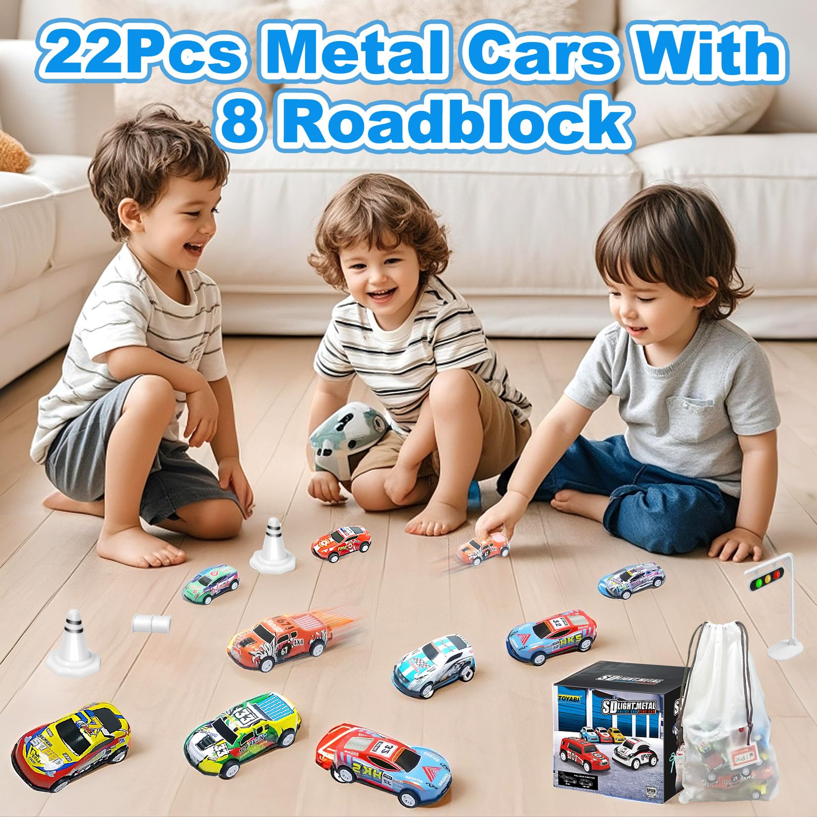 TOYABI 22Pcs Metal Race Car Set with 8 Roadblocks | Pull Back Action | Metal Shell 6