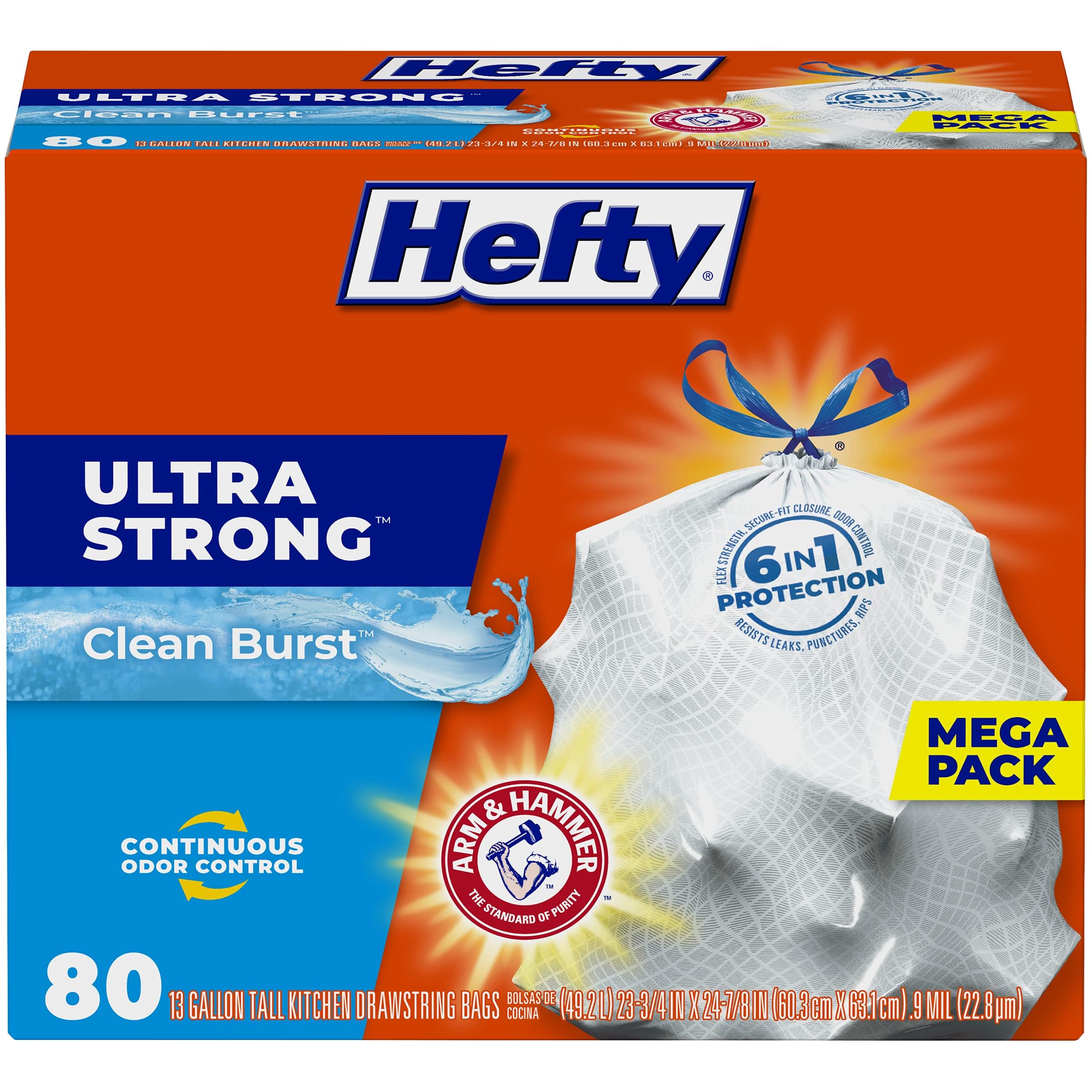 Hefty Ultra Strong Trash Bags Clean Burst Scent 13 Gallon Tall Kitchen Drawstring 80 Count