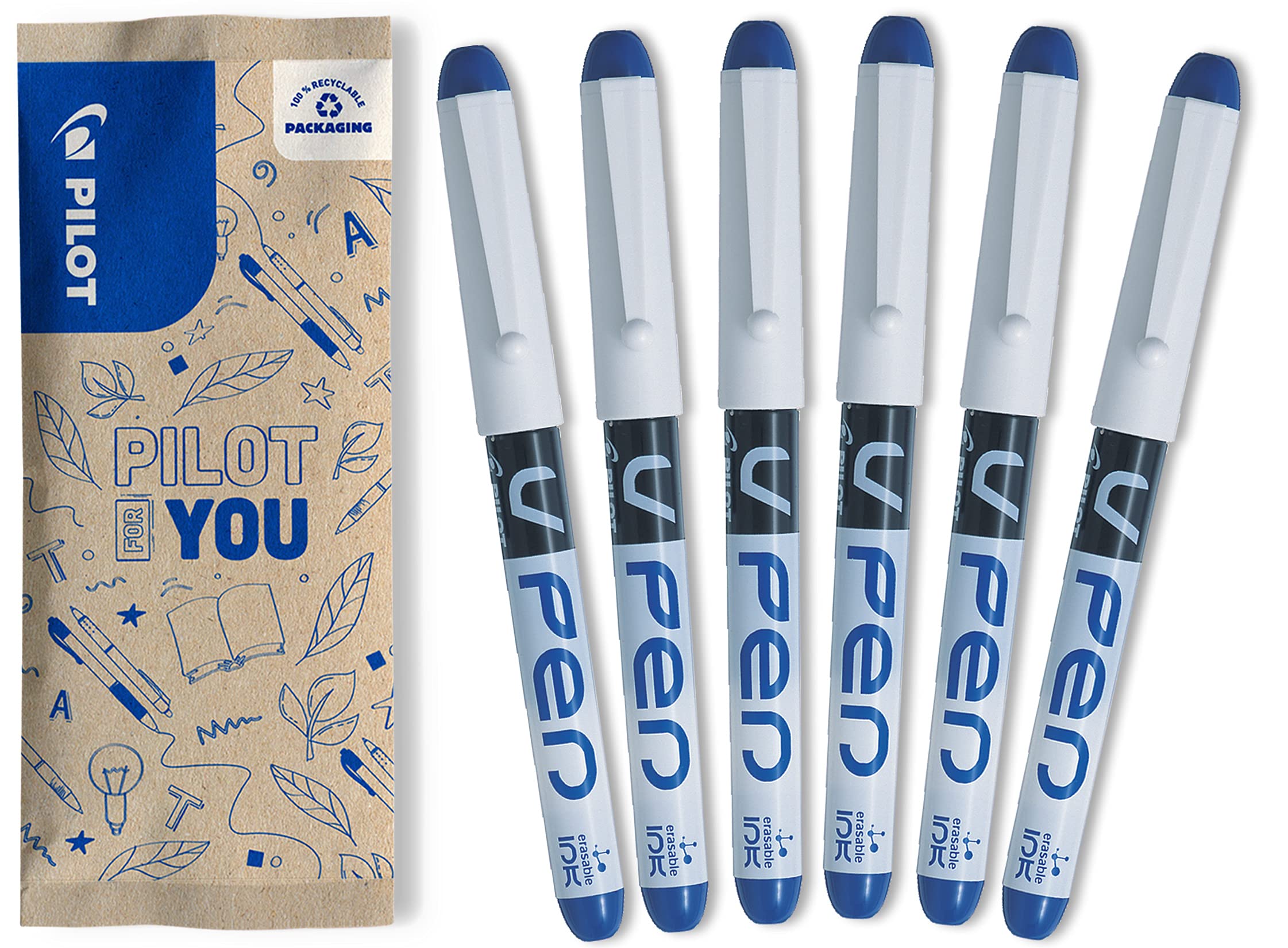 PILOT Vpen Disposable Fountain Pen - Blue Ink, 0.58mm Medium Line, Leak Proof | 6 Count