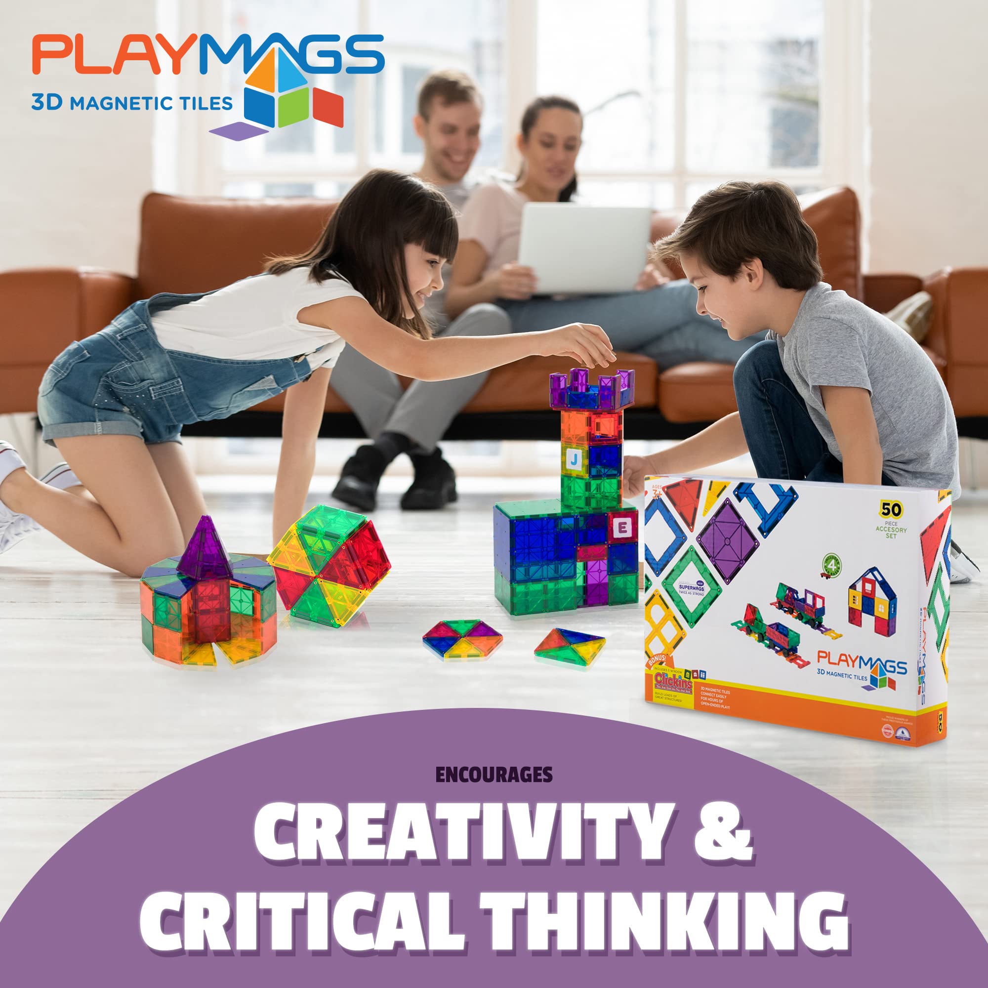 Playmags 3D Magnetic Blocks for Kids - 50 Piece Set with 4 Cars, Ages 3+ 7