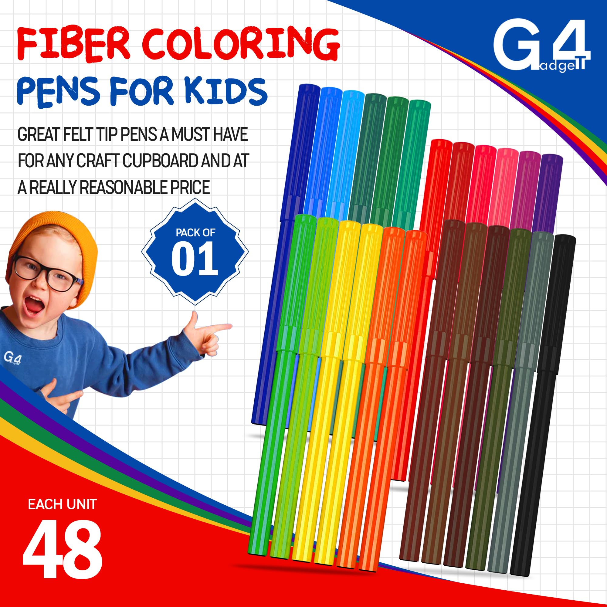 G4GADGET 48 Fine Tip Fiber Coloring Pens - Vibrant Water-Based Art Markers for Kids and Adults 8