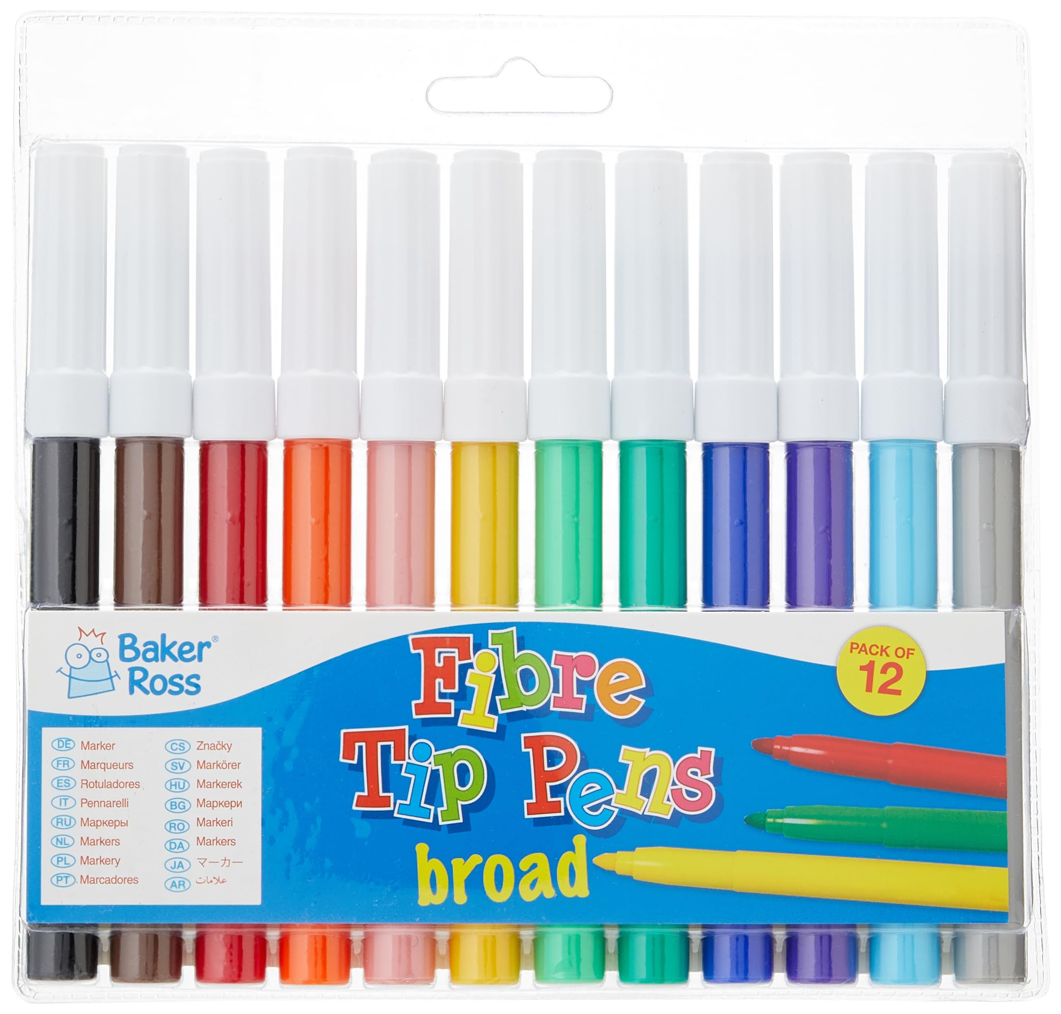 Baker Ross AF962 Broad Tip Marker Pens Value Pack | 12 Assorted Colours | Washable Ink | Age 4+