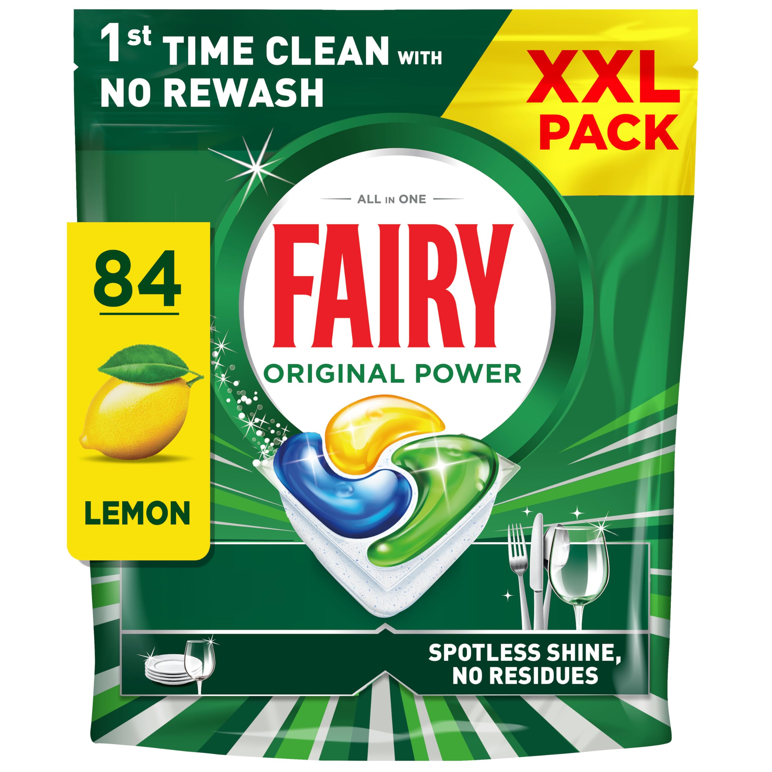 Fairy Original Power Dishwasher Tablets Lemon, 84 Count, 1st Time Clean 1