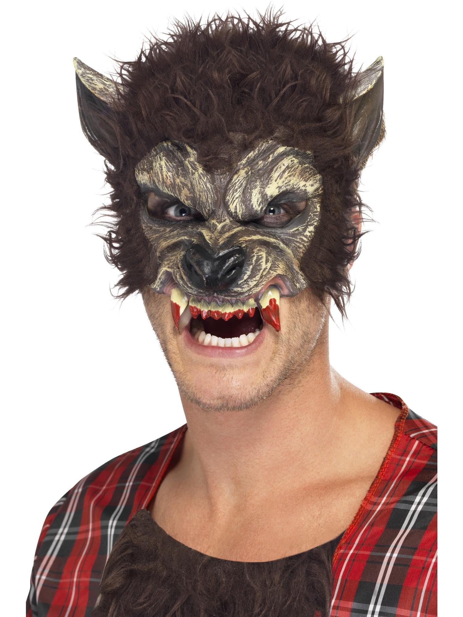 Smiffys Werewolf Half Face Mask - Brown Latex with Fur & Teeth 4
