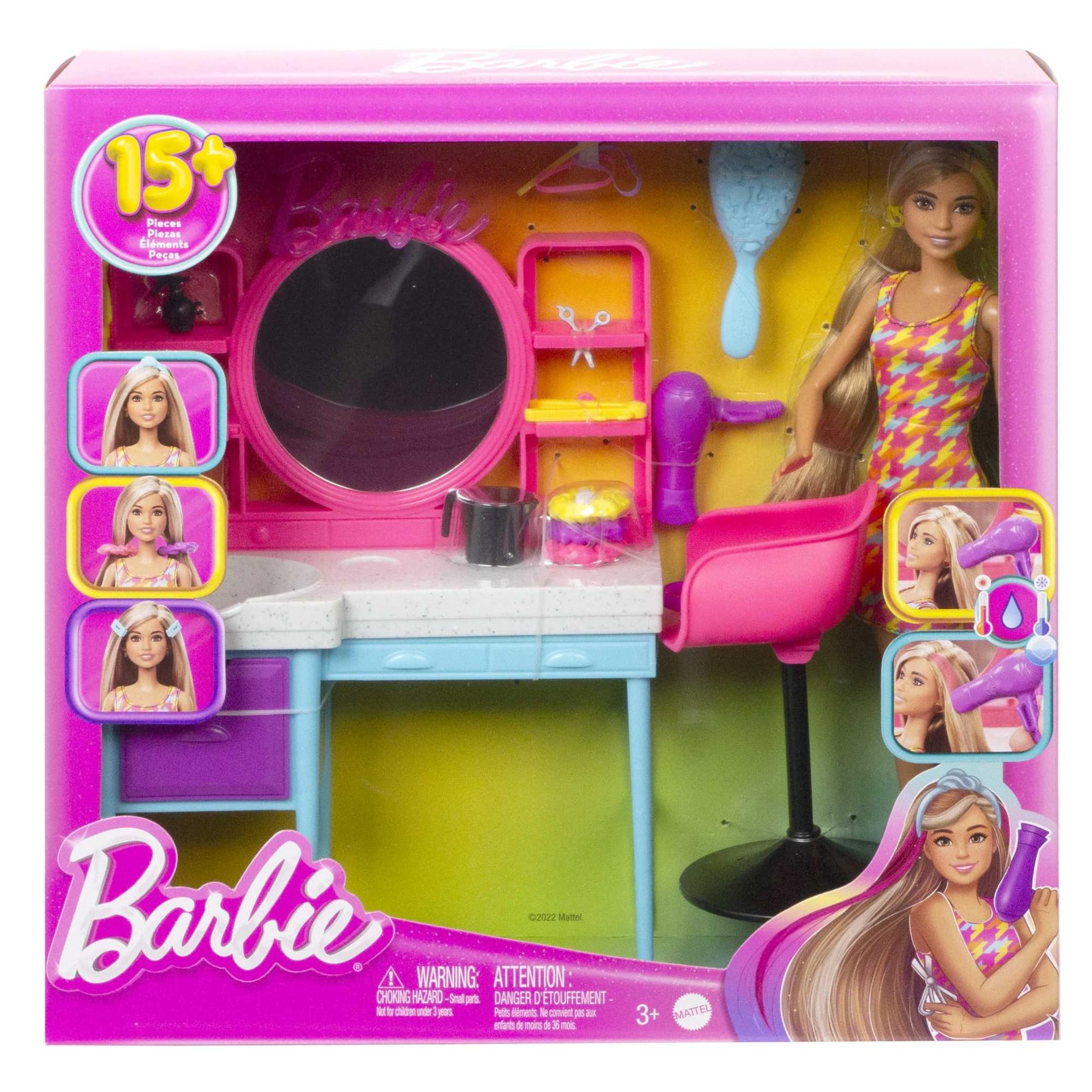 Barbie Doll and Hair Salon Playset - Color-Change Hair | 15+ Accessories | Ages 3+ 7