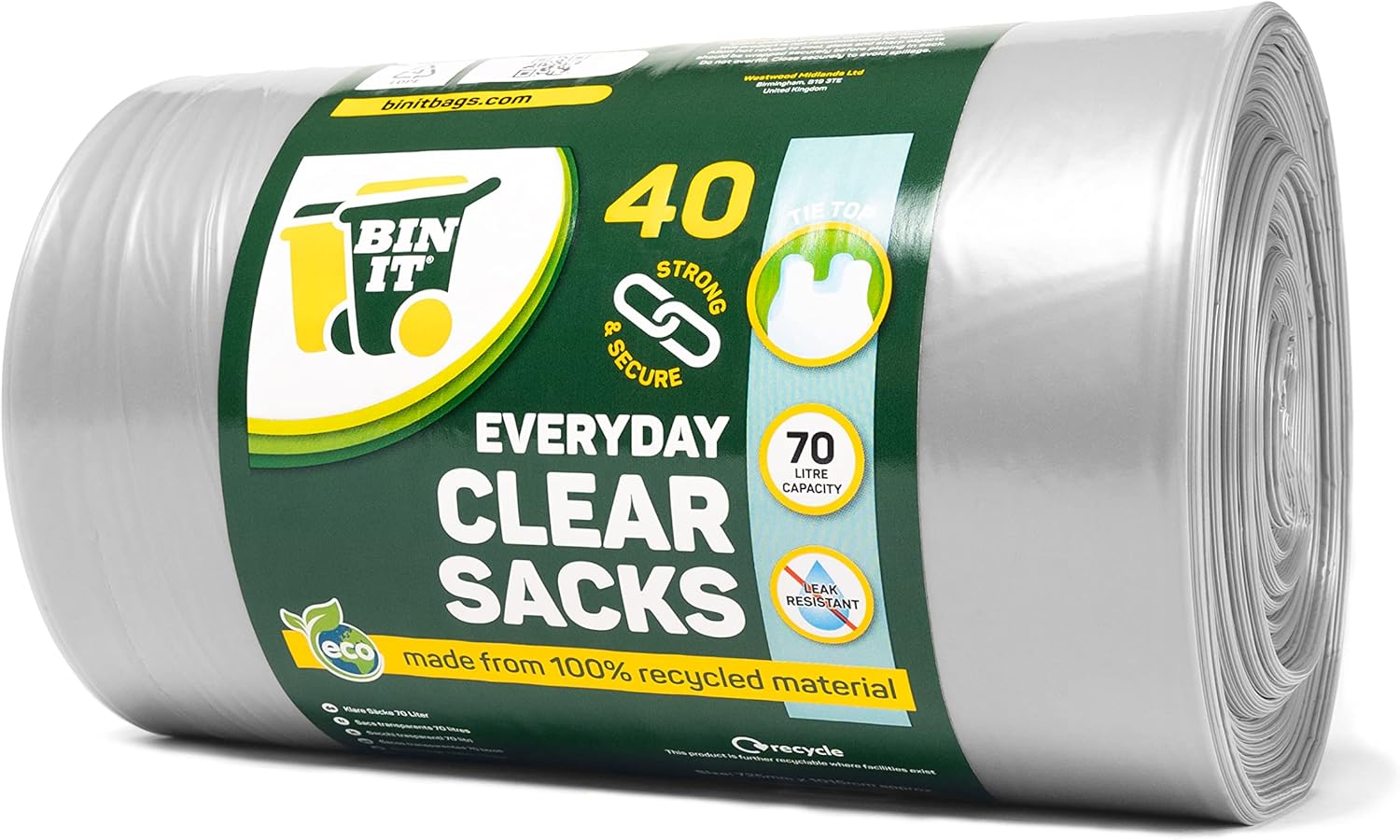 BIN IT Clear Large 70L Strong & Secure Tie Top Recycling Sacks - 100% Recycled LDPE