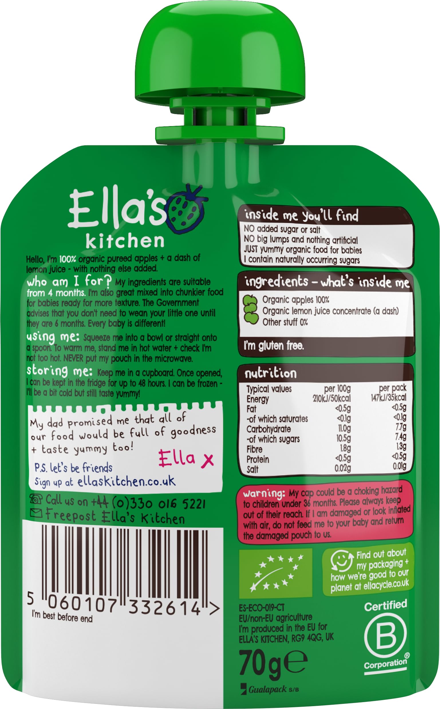 Ella's Kitchen Stage 1 First Taste Apples Puree | Organic Baby Food | 70g (Pack of 7)