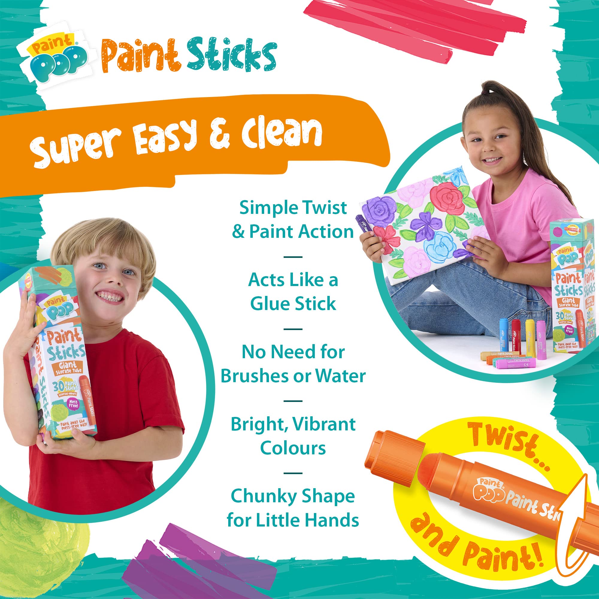 Paint Pop Paint Sticks - 30 Pack Assorted Colors Giant Storage Tube | Mess-Free Painting for Kids 4