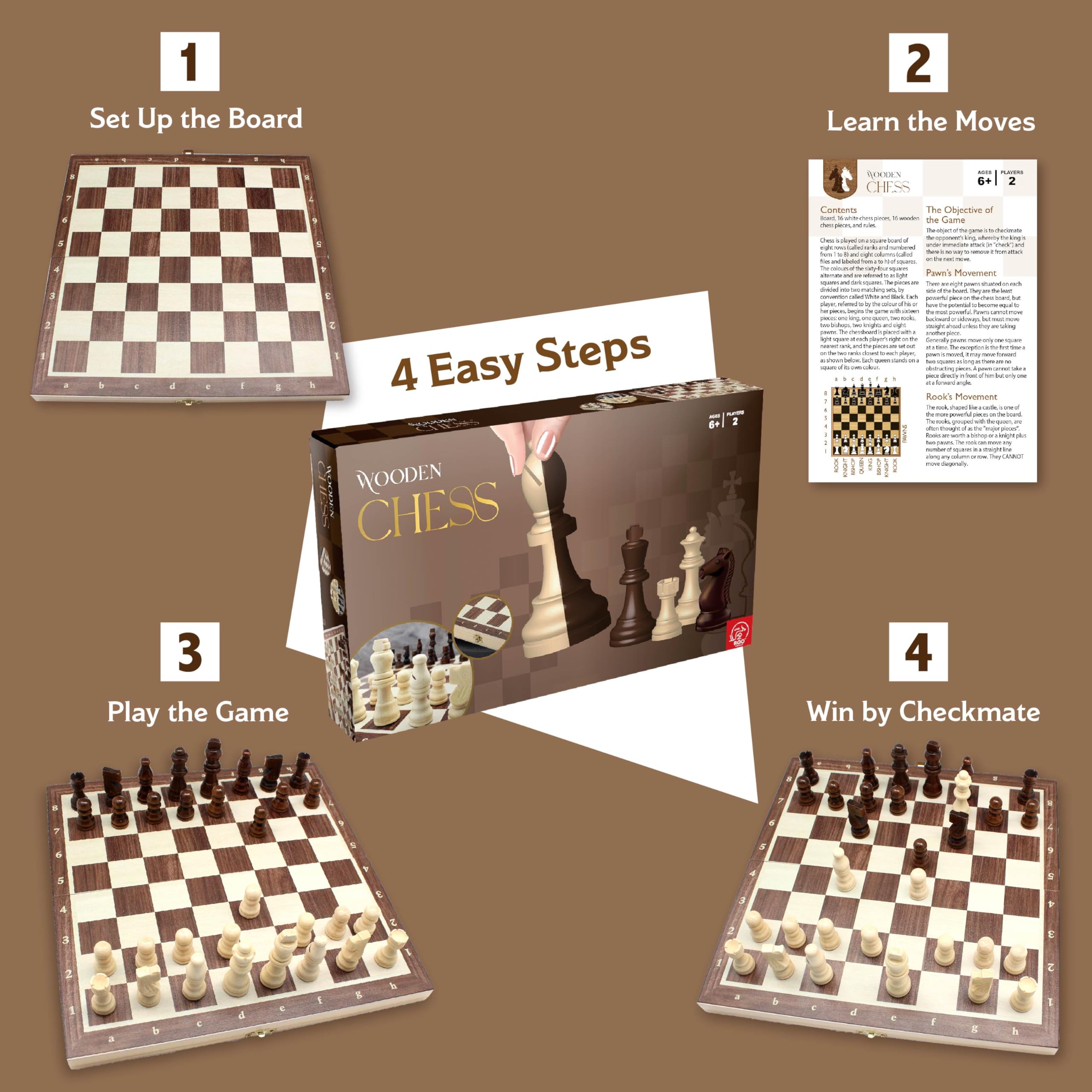 Roo Games Wooden Chess Set - Foldable Eco-Pine Travel Chess Board with Storage 3