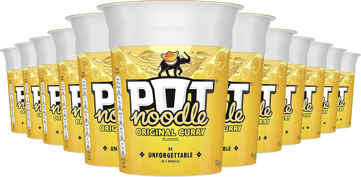 Pot Noodle Original Curry Flavour, 90g Pot, Pack of 12 – Quick Vegetarian Instant Noodles with Mango Chutney Sachet