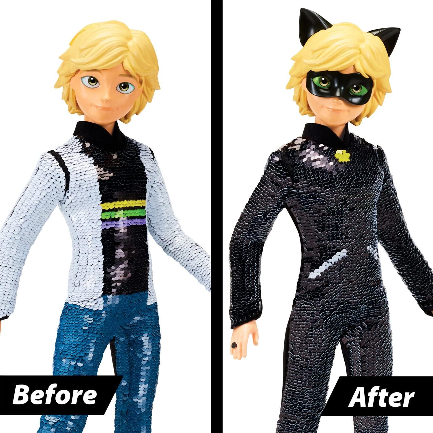Bandai Miraculous Cat Noir Fashion Flip Doll - 26cm Articulated Action Figure with Reversible Sequins 12