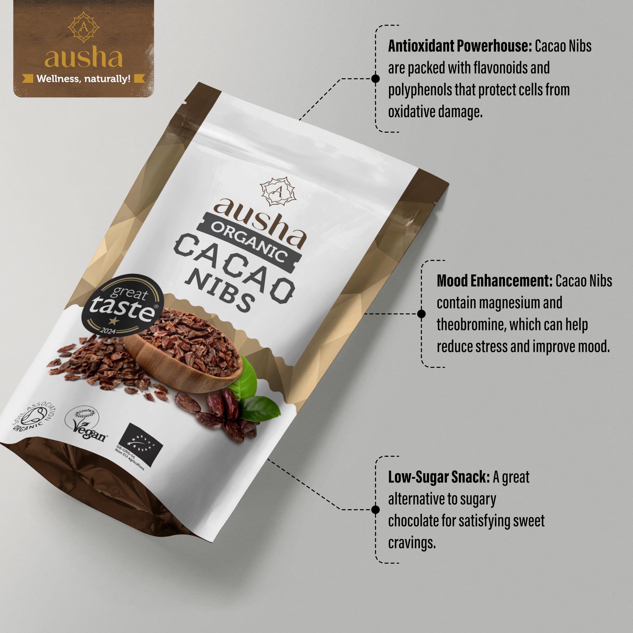 Ausha Organic Raw Cacao Nibs 200g - 1* Great Taste Award 2024 - Soil Association Certified 4