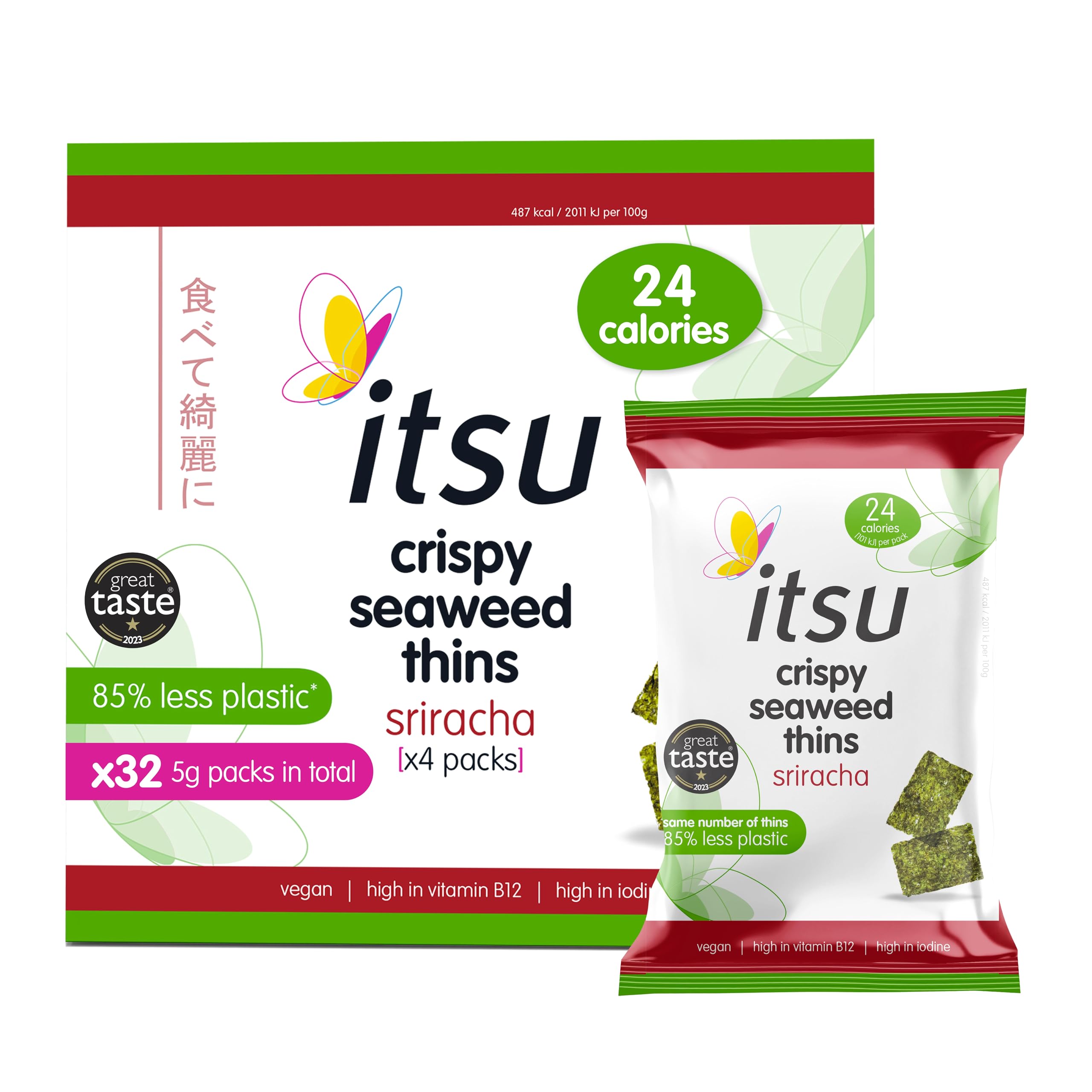 itsu Seaweed Thins Sriracha Seasoned - 32 Pack of 5g Crispy Vegan Snacks | Low Calorie 1