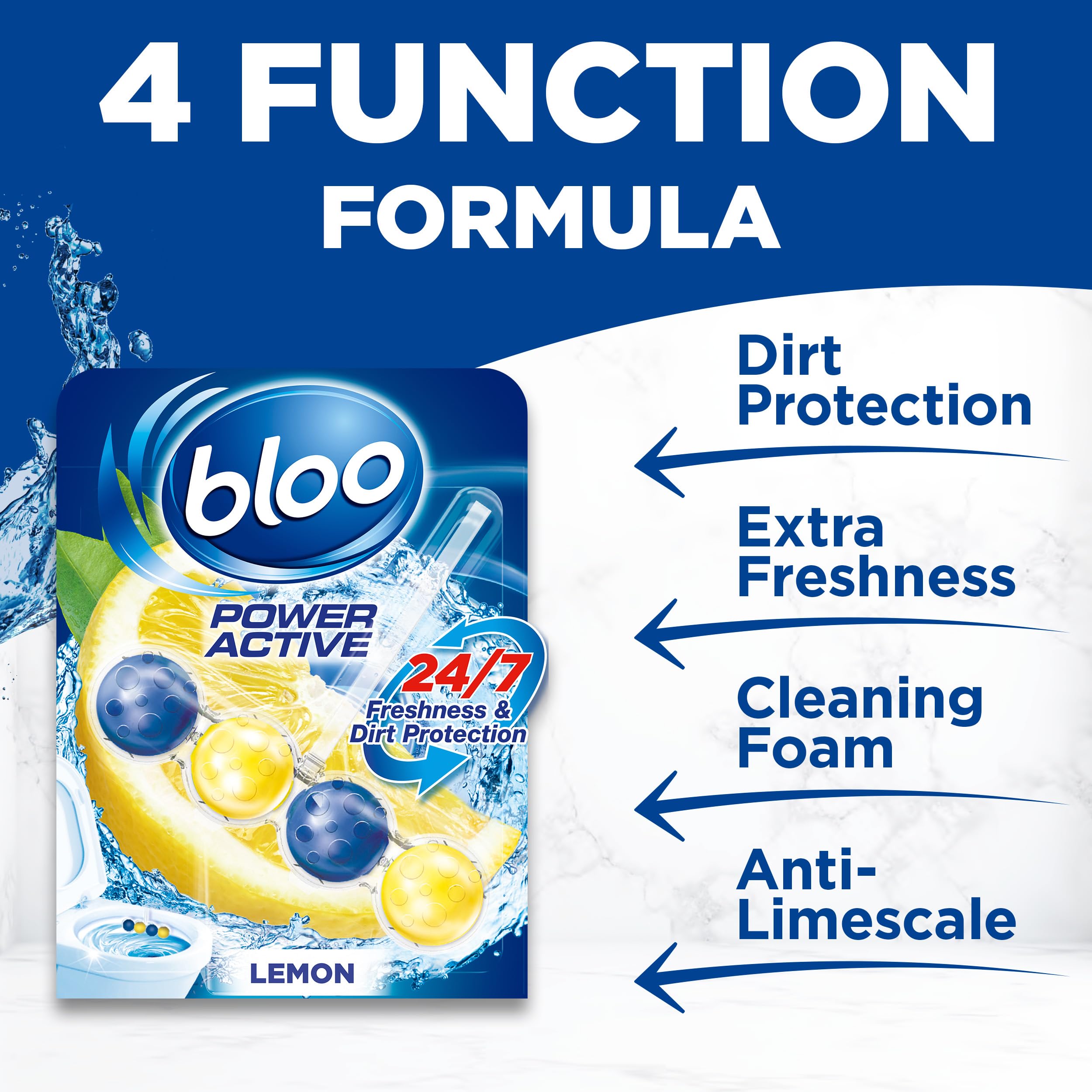 Bloo Power Active Toilet Rim Block - Lemon Scent with Anti-Limescale & Foaming Clean (150g) 3